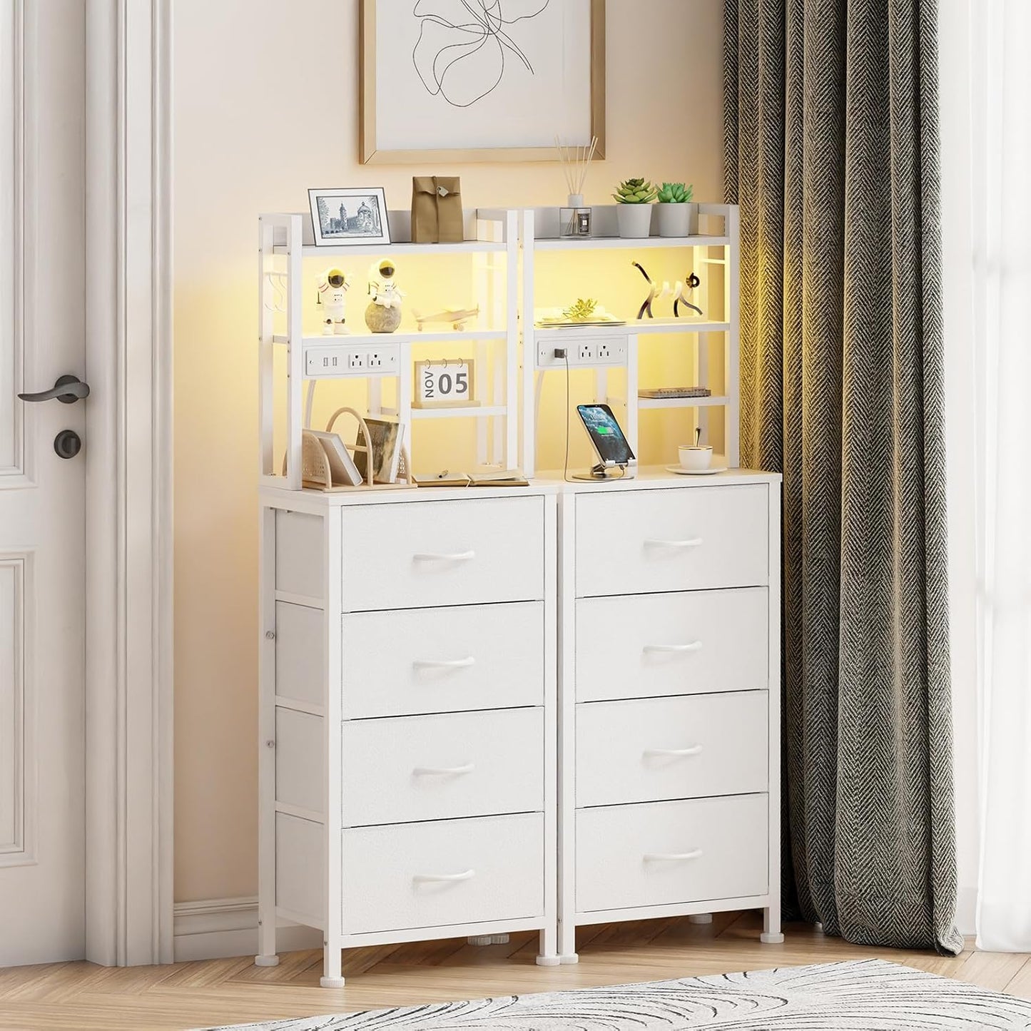 Tall LED Nightstand with Charging Station, USB Ports, 4 PVC Fabric Drawers, and 4-Tier Storage Shelf - Versatile Bedside Table for Bedroom, Dorm, or Office (White)