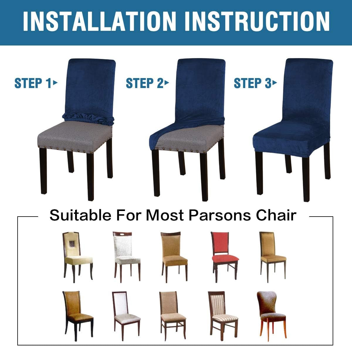 Velvet Dining Chair Covers Stretch Chair Covers for Dining Room Set of 2 Parson Chair Slipcovers Chair Protectors Covers Dining, Soft Thick Solid Velvet Fabric Washable, Navy