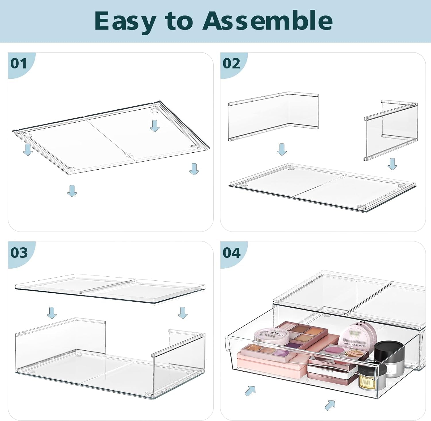 Acrylic Stackable Storage Drawers, 3.5'' Non-Slip Bathroom Makeup Organizer Countertop, Clear Drawer Organizers for Vanity, Bathroom, Office, Undersink, Kitchen, Pantry, Cabinet, 2 Pack