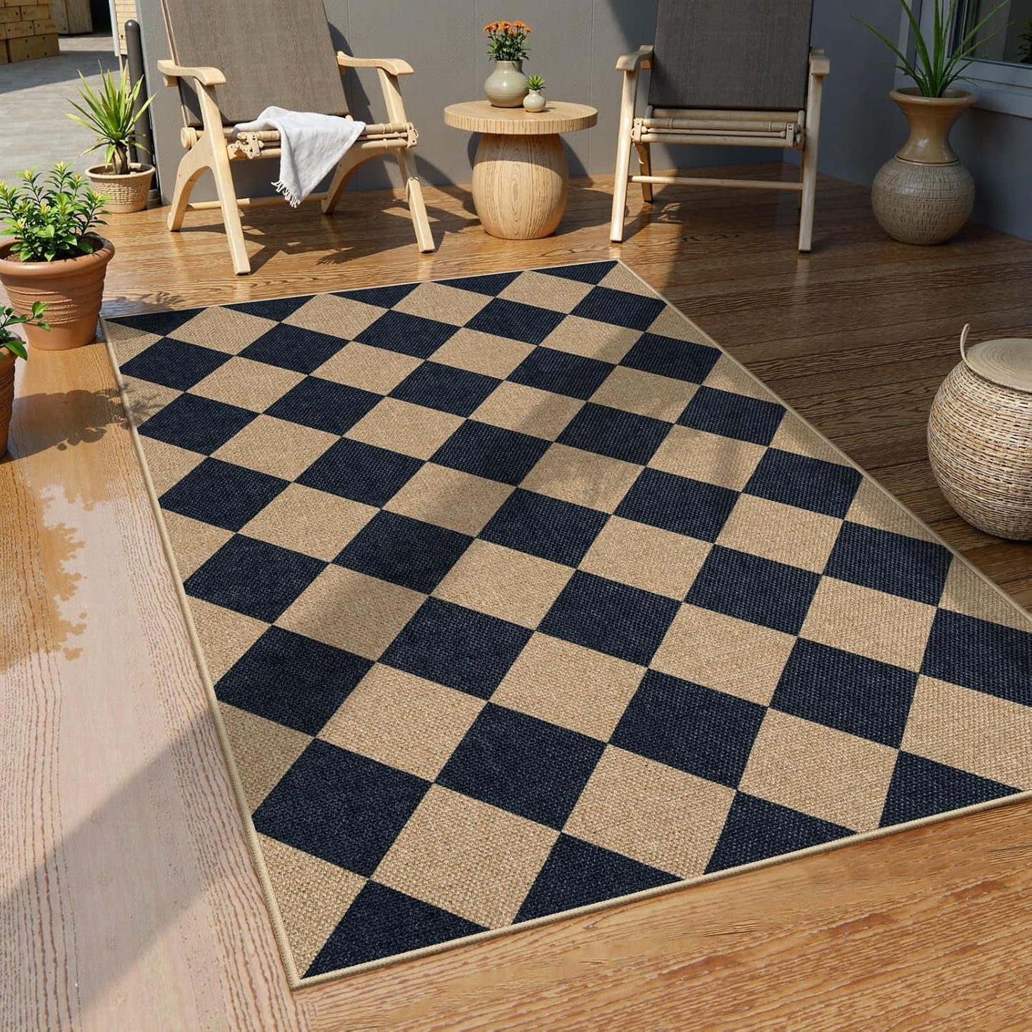Checkered Easy Jute 3X5 Outdoor Patio Rug, Washable Rugs for Entryway Diamond Indoor Outdoor Living Room Carpet, Farmhouse Neutral Non Slip Black Door Carpet for Backyard Bedroom