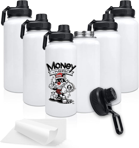 32Oz Stainless Steel Sublimation Sports Water Bottle,Insulated Thermos Mugs with Shrink Wrap Films and Wide Mouth Lid,Double Wall Vacuum Tumbler Keeps Liquids Hot or Cold (White 6 PACK)