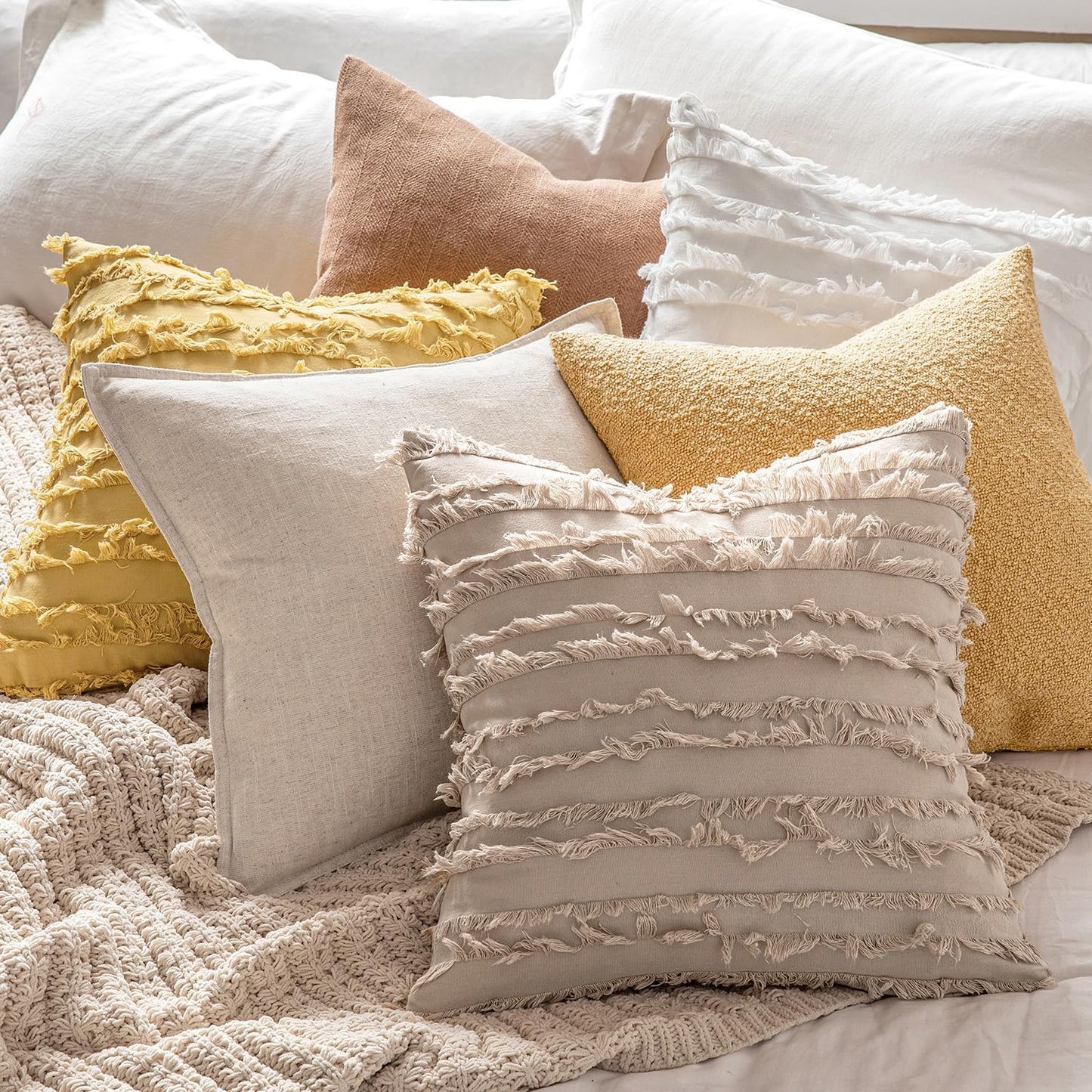 Set of 2 Decorative Boho Throw Pillow Covers Linen Striped Jacquard Pattern Cushion Covers for Sofa Couch Living Room Bedroom 18X18 Inch Beige