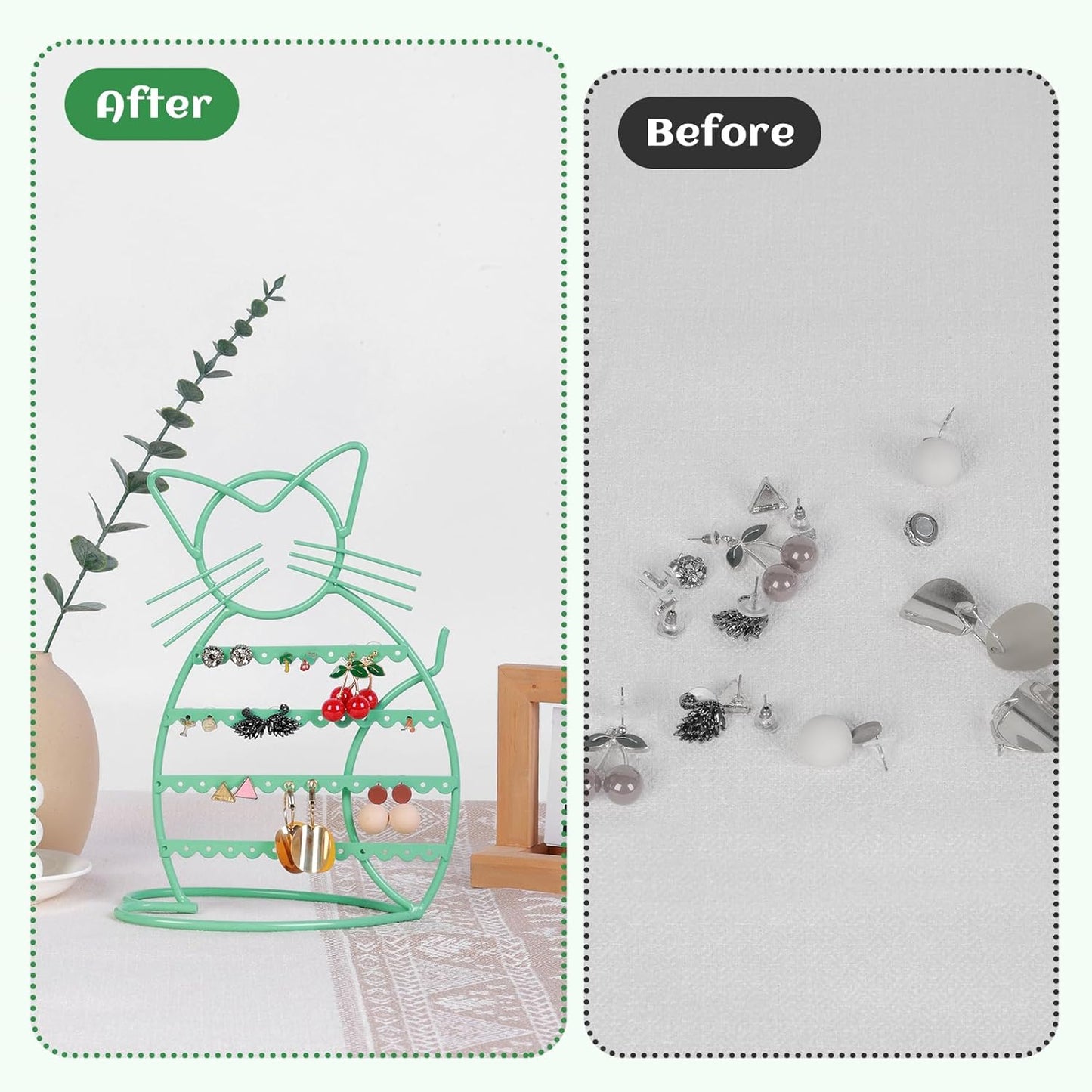 Cat Shaped Earring Holder Stand - Metal 48 Stud Holes, Jewelry Display Vanity Organizer for Girls - Jade