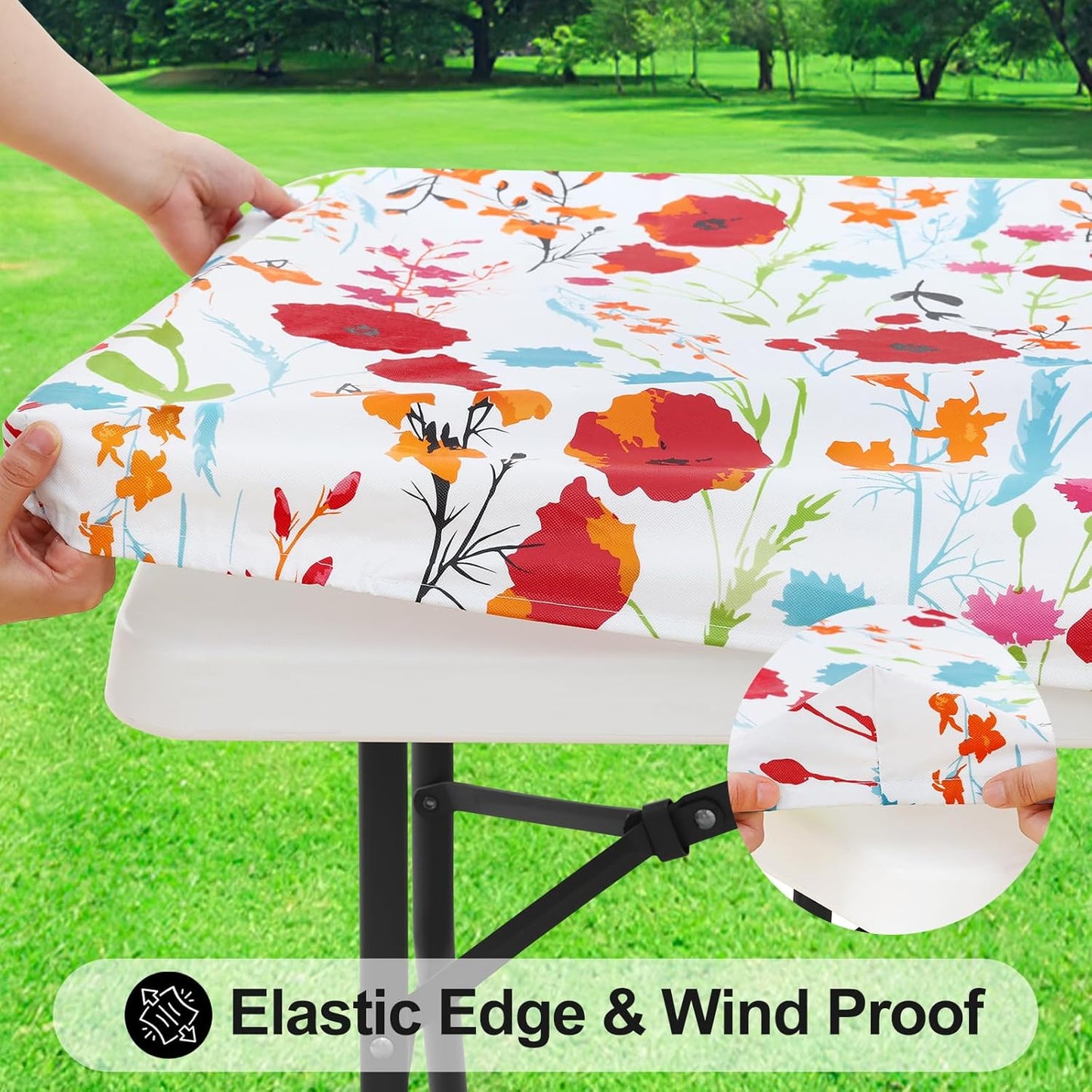 Rectangle Picnic Tablecloth, Waterproof Elastic Fitted Table Covers for 6 Foot Tables, Wipeable Flannel Backed Vinyl Tablecloths for Camping, Indoor, Outdoor (Flowers, 30X72 Inches)