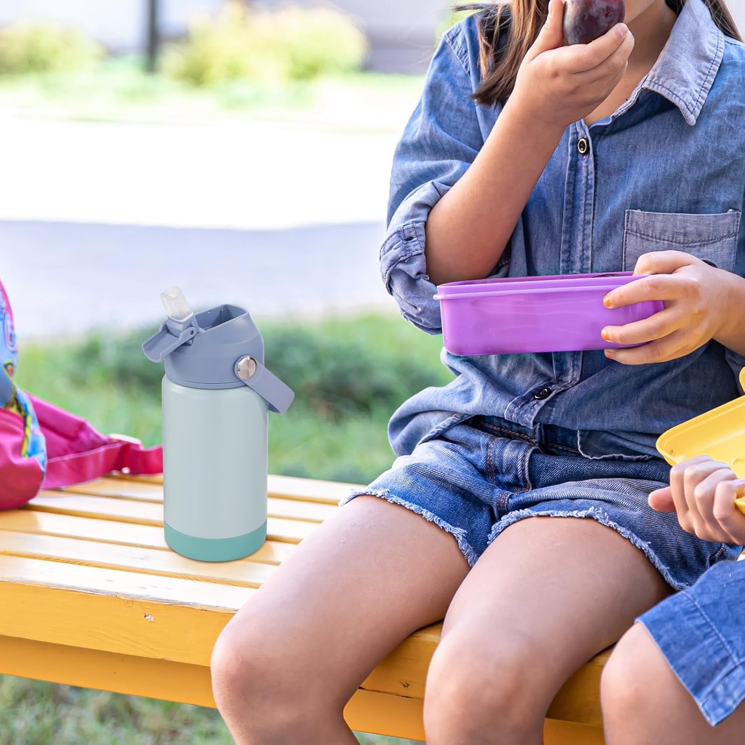 12 Oz Water Bottle, Kids Water Bottles for School, Toddler Water Bottle with Straw & Handle, 304 Stainless Steel Insulated Water Bottle, Non-Slip Silicone Base, BPA Free, Haze Blue