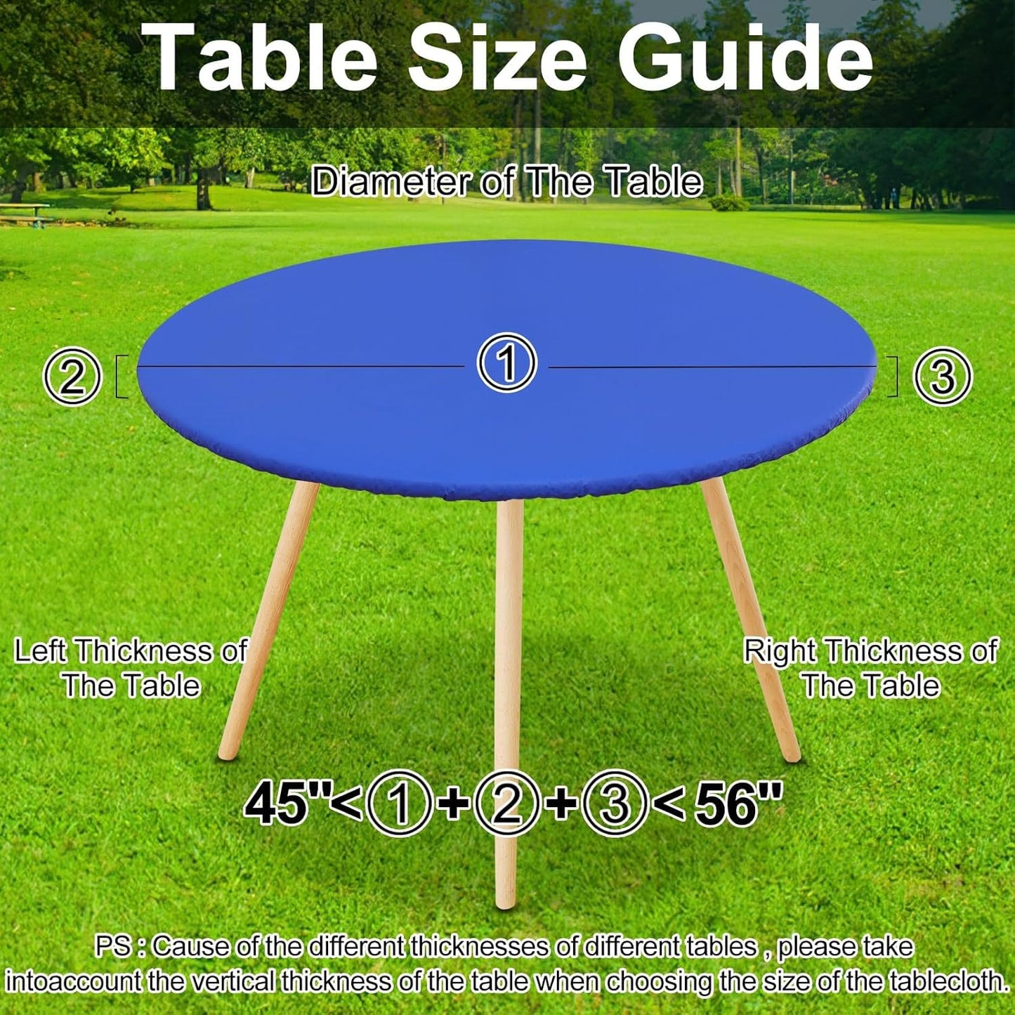 round Picnic Tablecloth, Waterproof Elastic Fitted Table Covers for 36" - 44" Tables, Wipeable Flannel Backed Vinyl Tablecloths for Camping, Indoor, Outdoor, Blue