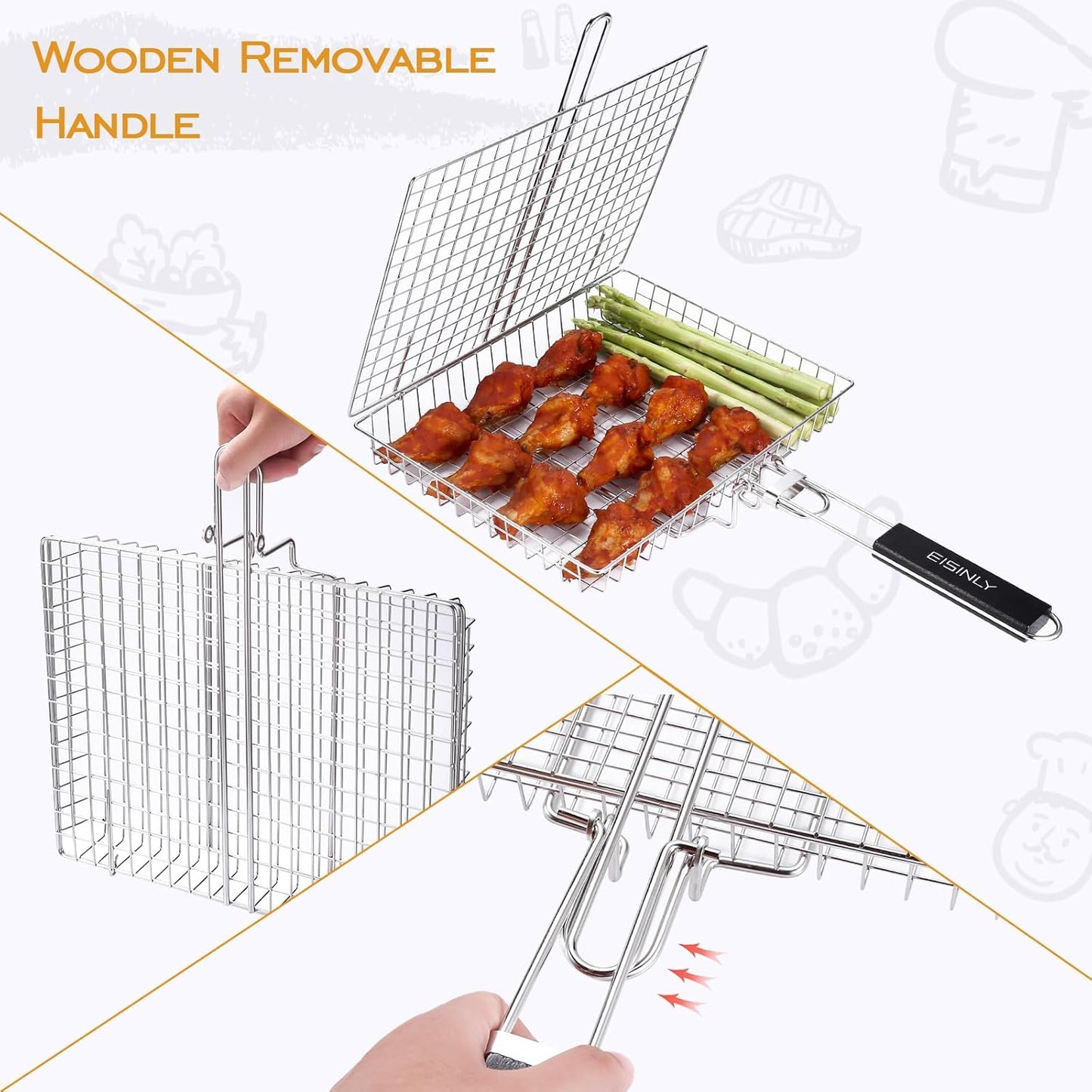 Portable Grill Basket, BBQ Grilling Basket for Outdoor Grill with Removable Handle, Stainless Steel Camping Cooking Grill Accessories for Chicken Fish Vegetable