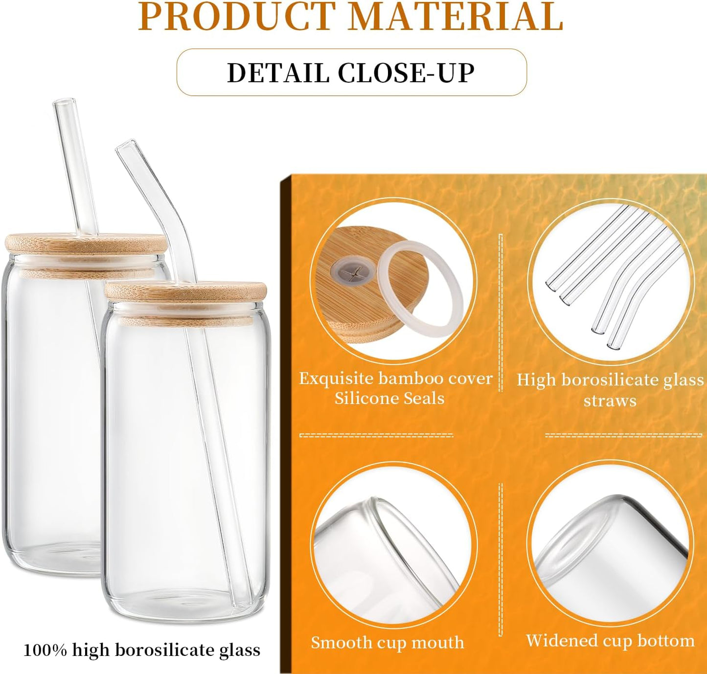 Glass Cups with Lids and Straws 4 Pcs,16Oz Drinking Glasses Set for Coffee Bar Accessories,Iced Coffee Cups with Lids,Matcha Cup Glass Tumbler Reusable for Gifts