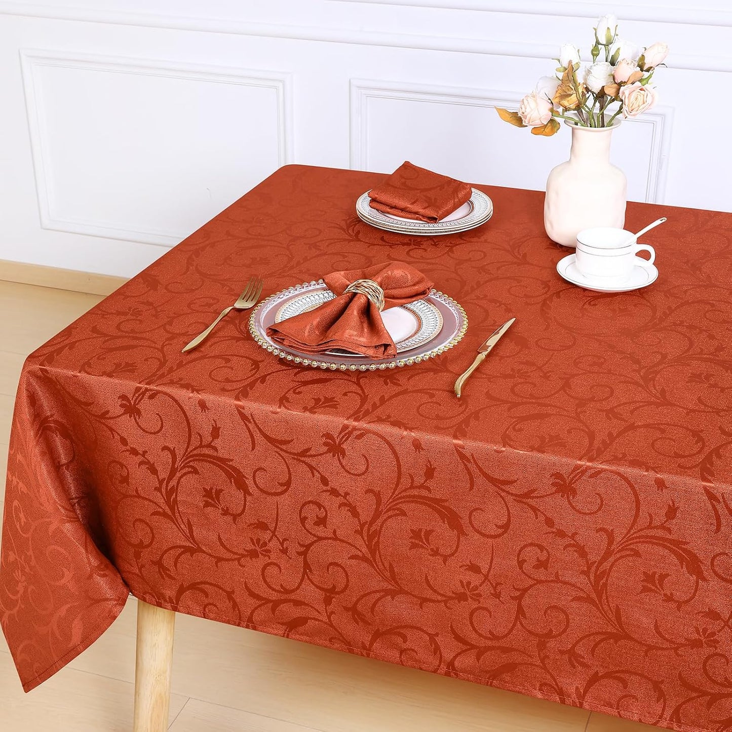 Rectangle Thanksgiving Tablecloth, Waterproof Jacquard Fall Table Cloth, Damask Cloth Table Cover for Harvest Decor (60" X 84", Rust Vine Pattern)