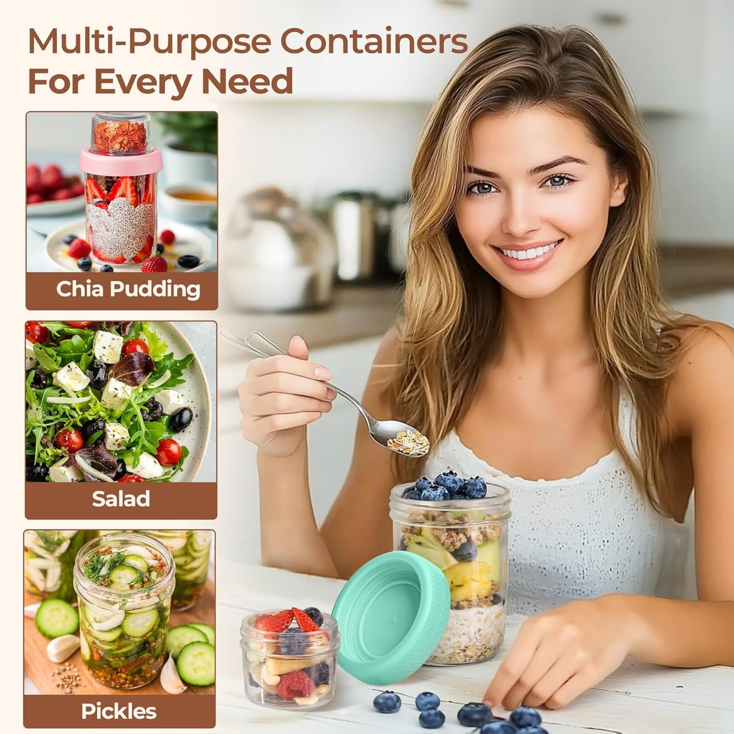 16Oz 1PCS Pink Overnight Oats Containers with Lids, Glass Yogurt Parfait Cups for Cereal Nut Fruit, Dual-Layer Chia Pudding Jars with Dry and Wet Separation, Meal Prep, Glass for Salad Oatmeal