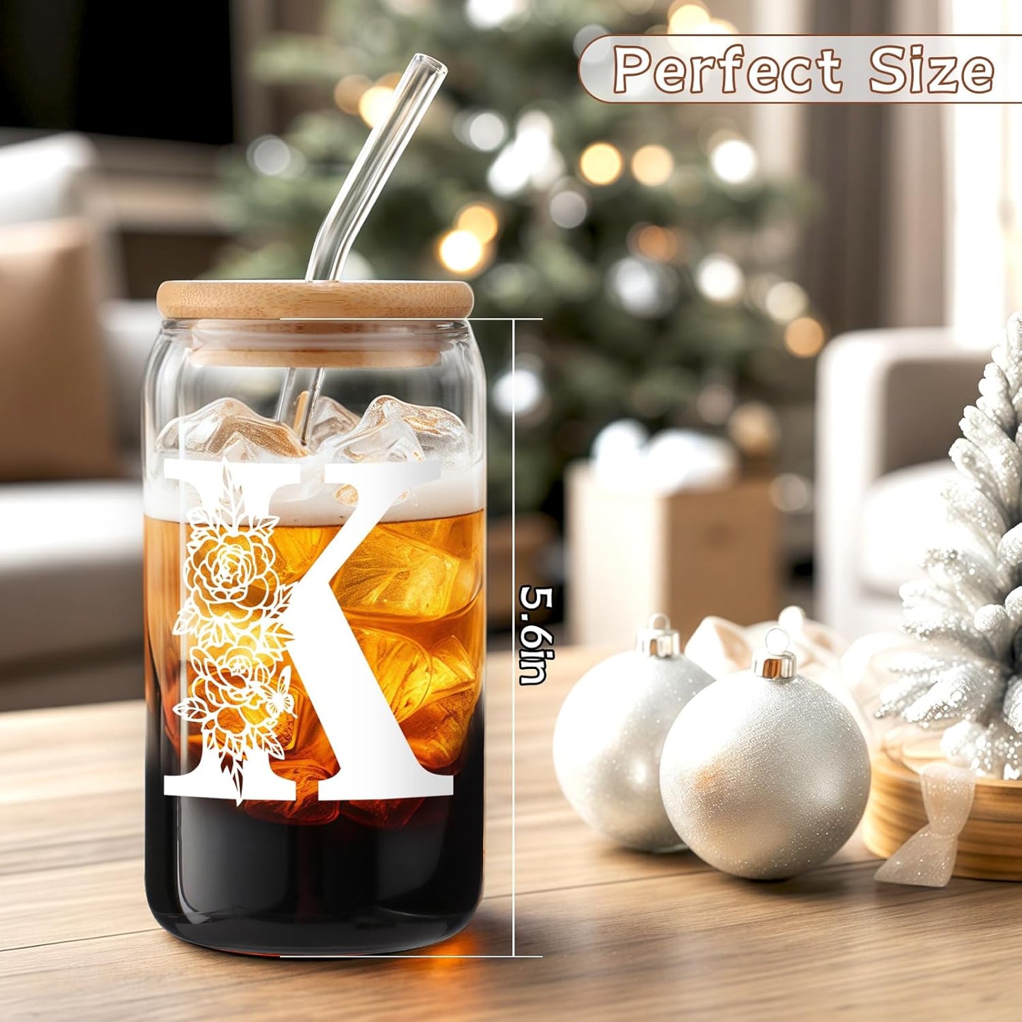 Gifts for Holidays,Birthday Gifts for Women,Personalized Initial Glass Cup as Iced Coffee Cups,Aesthetic Smoothie Cup Cute Beer Tumbler,16 Oz Glass Cups with Lids and Straws-K(1Psc)