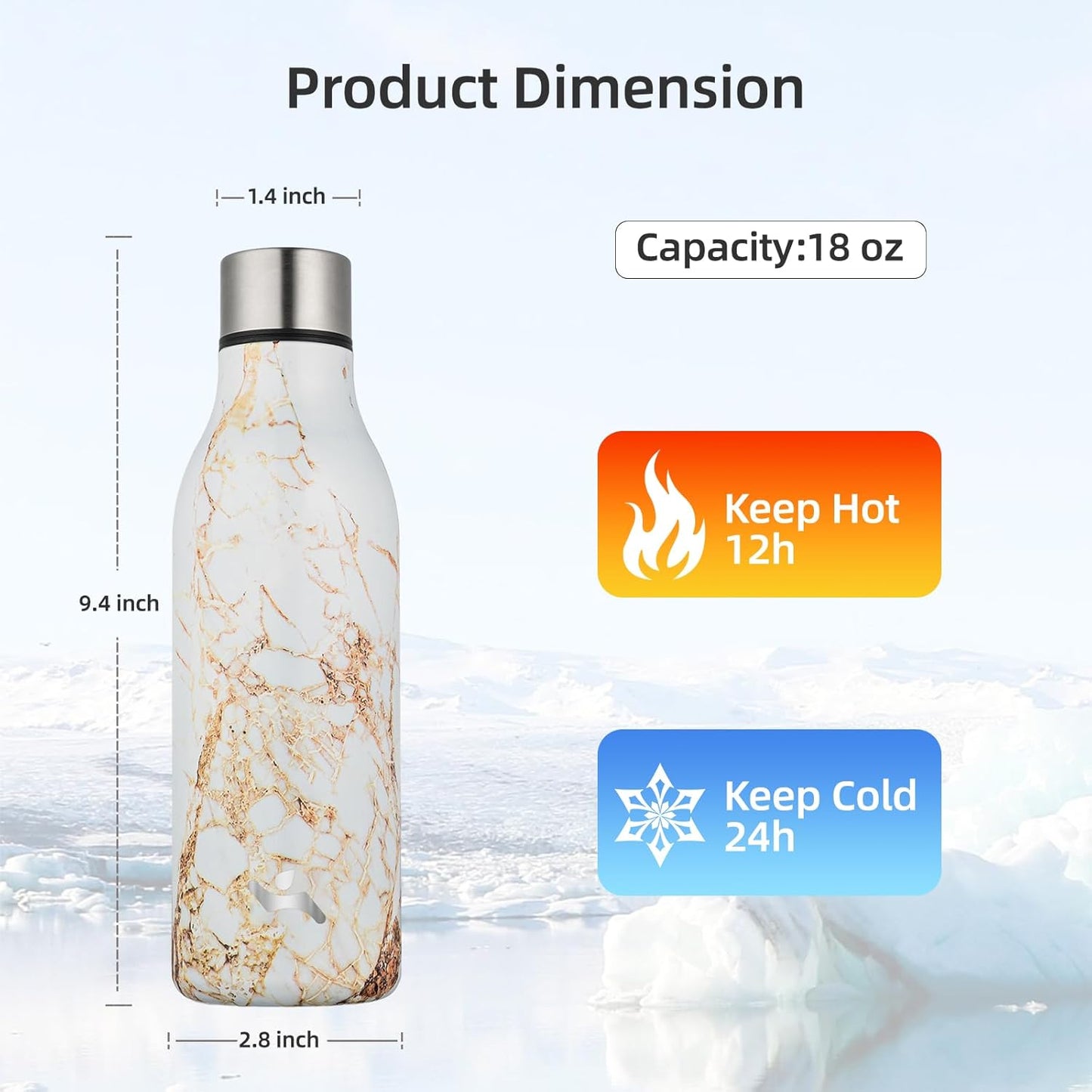 Insulated Water Bottle with Strap,18 Oz Double Wall Stainless Steel Vacuum Bottles Metal Water Flask,Marble Amber