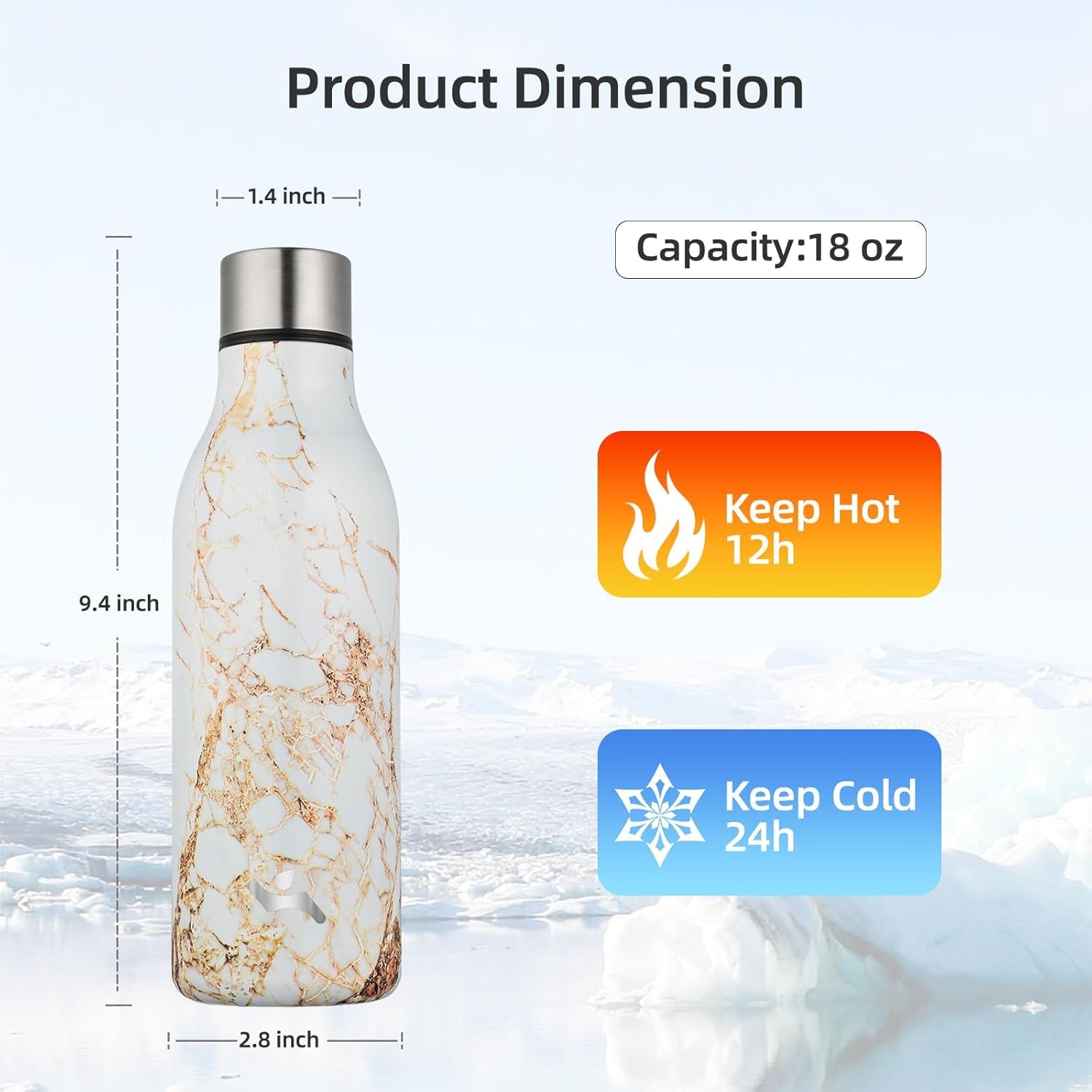 Insulated Water Bottle with Strap,18 Oz Double Wall Stainless Steel Vacuum Bottles Metal Water Flask,Marble Amber