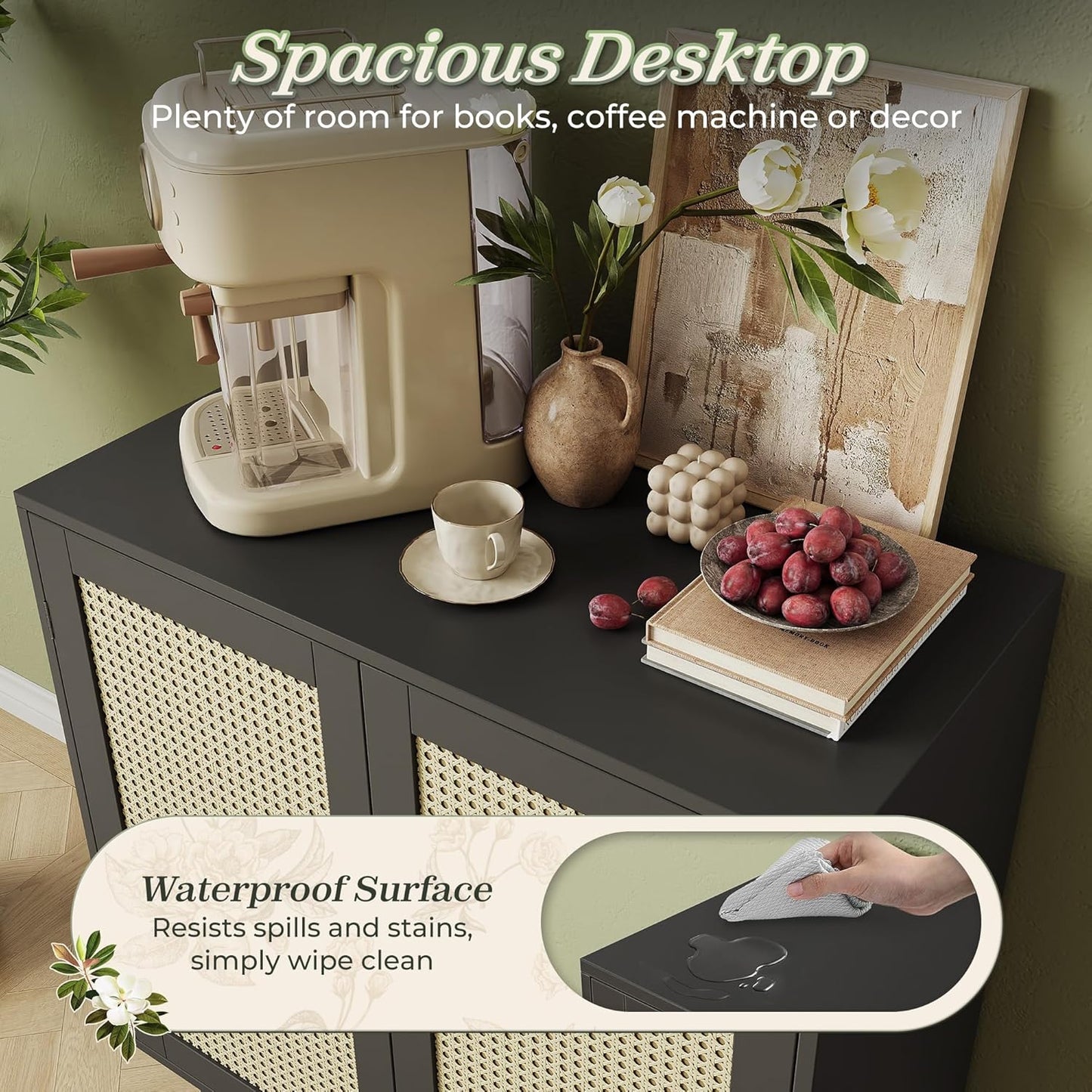 Buffet Cabinet with Storage and Synthetic Rattan Decor Doors, Solid Wood Legs, Ideal for Hallway, Entryway, or Living Room, Black Finish