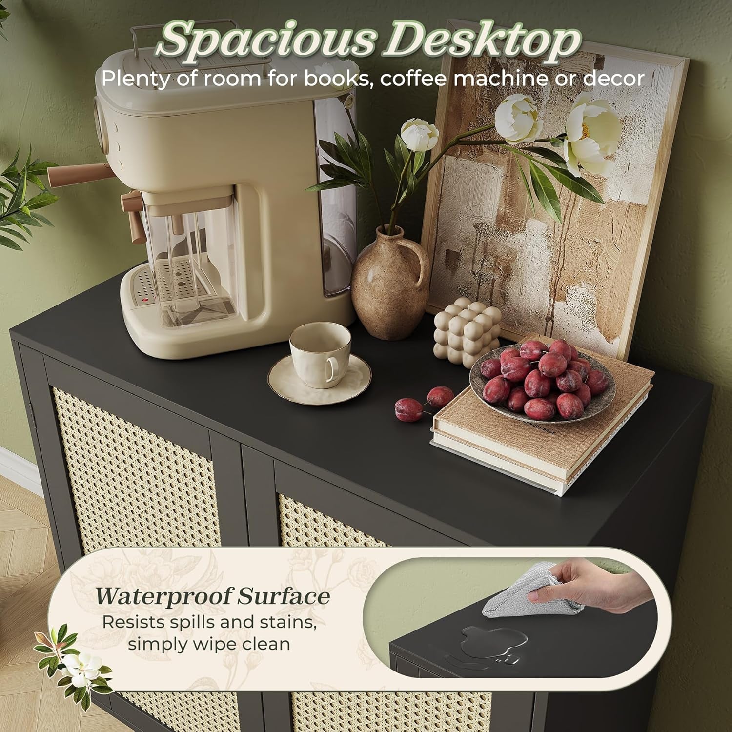 Buffet Cabinet with Storage and Synthetic Rattan Decor Doors, Solid Wood Legs, Ideal for Hallway, Entryway, or Living Room, Black Finish