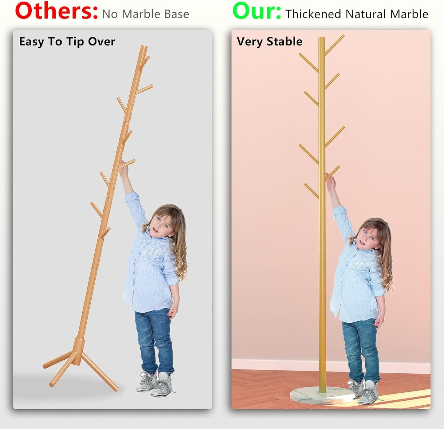 Heavy Duty Coat Rack with Natural Marble Base, Freestanding Metal Coat Stand with 8 Hooks, Modern Stable Coat Hanger Tree for Bags, Jacket, Clothes, and Hats, Gold Metal