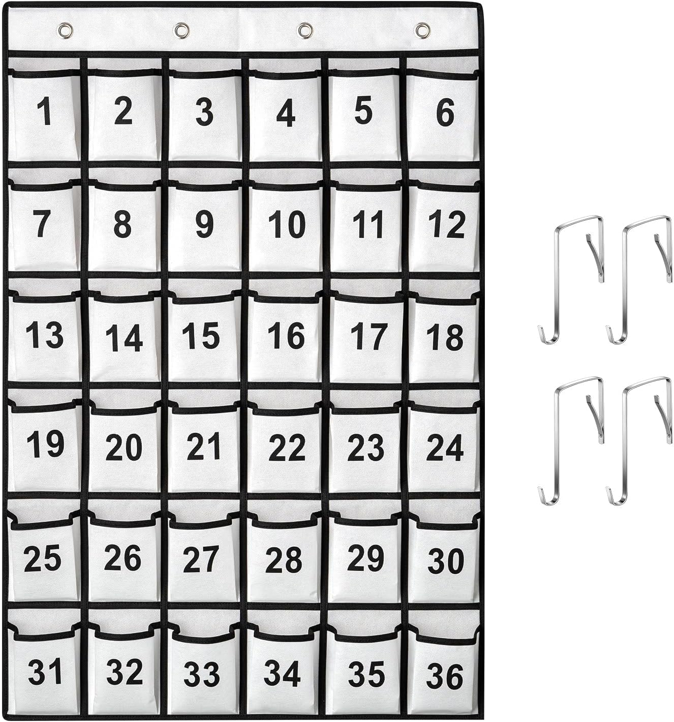 36-Pocket Numbered Classroom Pocket Chart for Cell Phone and Calculator Storage with 4 Stainless Steel Hooks (White)