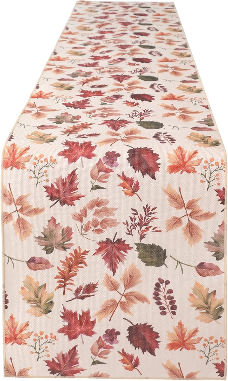 Fall Table Runner for Kitchen Dining Table, Thanksgiving Autumn Printed Harvest Pumpkins Maple Leaves Textured Fabric Halloween Holiday Home Decorations, Water-Proof, Washable, 13" W X 36" L