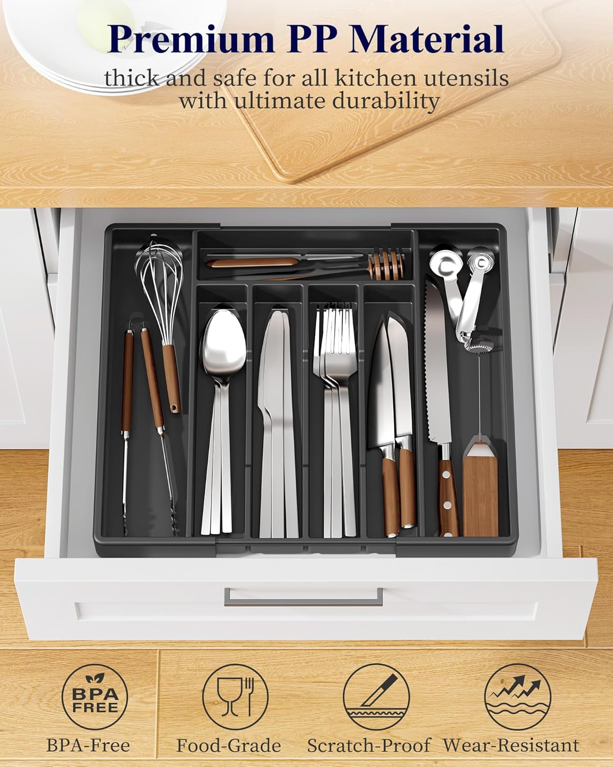 Silverware Organizer for Drawers - Expandable Cutlery and Utensil Drawer Organizer with Easy Maintenance, Premium PP Kitchen Organizers and Storage for Flatware, Black, 13.2" X 12.2" X 1.6"