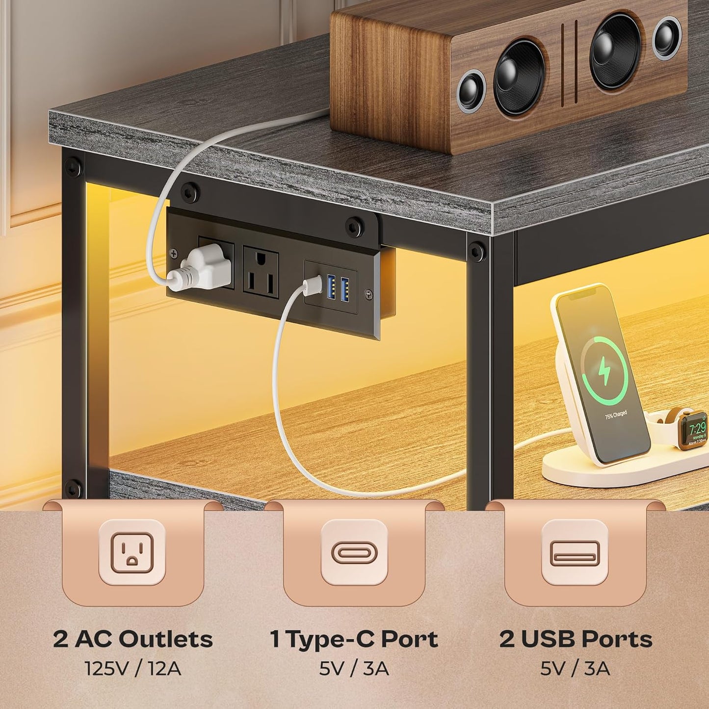 LED TV Stand with Storage for Bedrooms and Living Rooms, 47-Inch Entertainment Center for 43, 50, and 55-Inch TVs, Grey and Black Design with Power Outlets and 6 Drawer Fabric Dresser