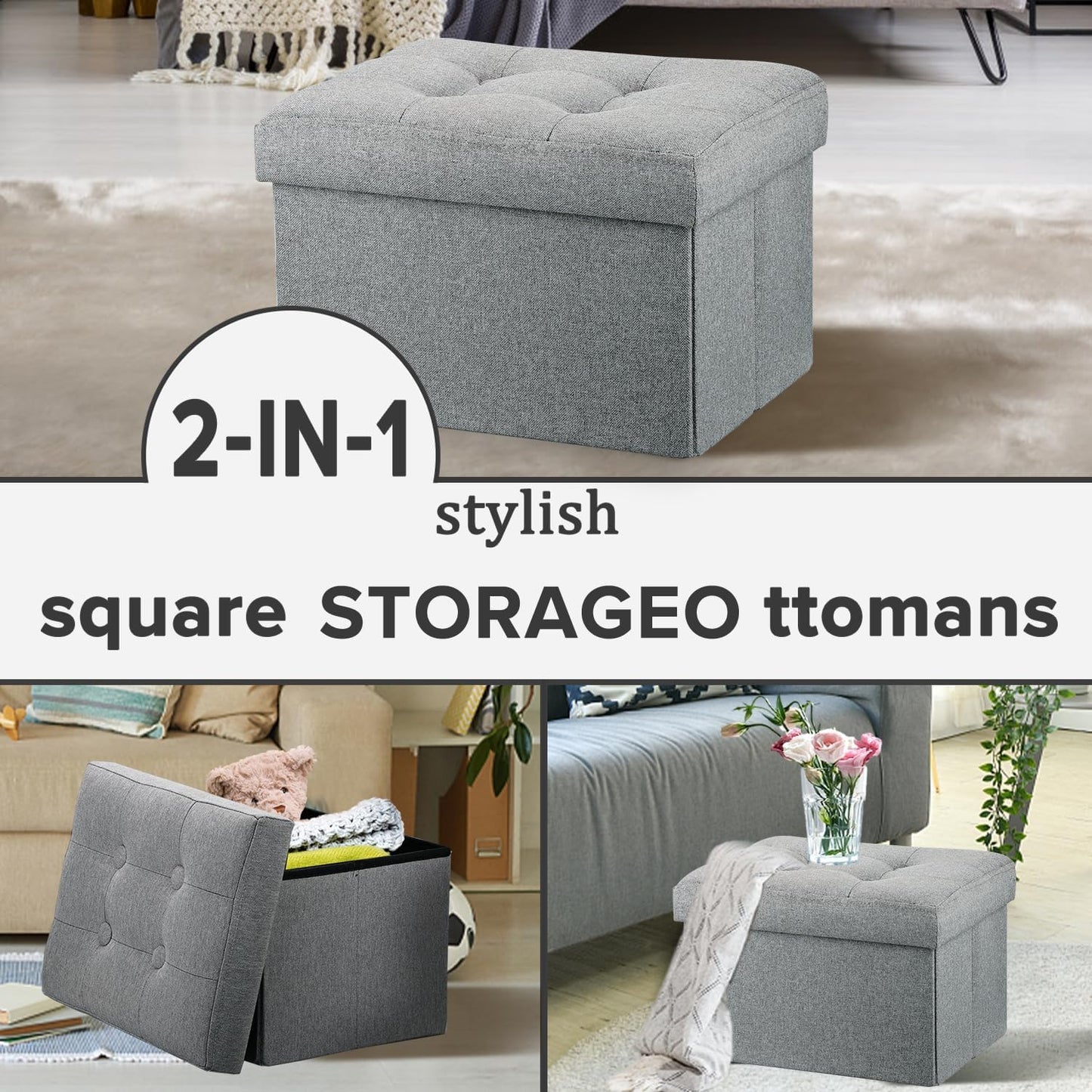 Compact Linen Storage Ottoman and Footrest in Light Gray - 16"x12"x12