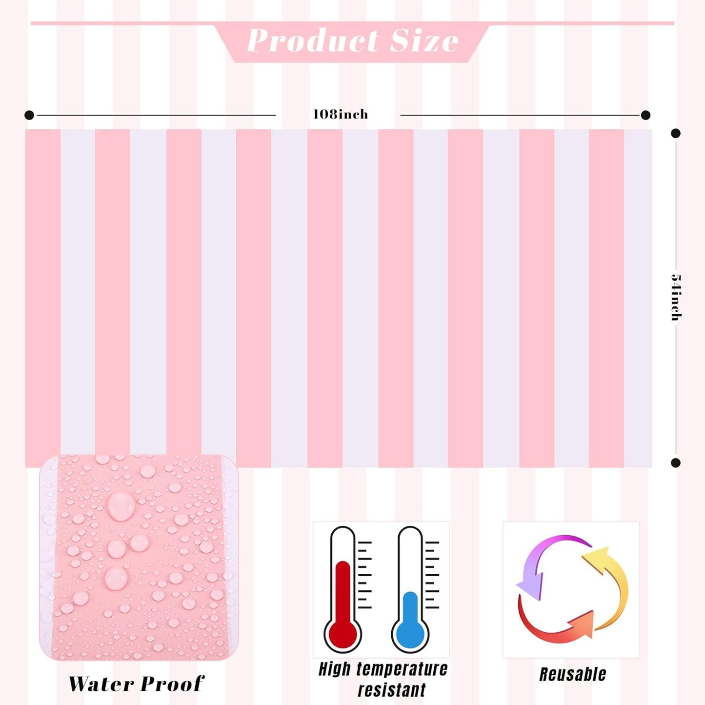 3 Packs Pink and White Horizontal Striped Table Cloth 54 X 108 Inches Pink Stripe Tablecloths Disposable Plastic Stripe Table Covers Waterproof Rectangle Picnic Tablecover for Birthday Party