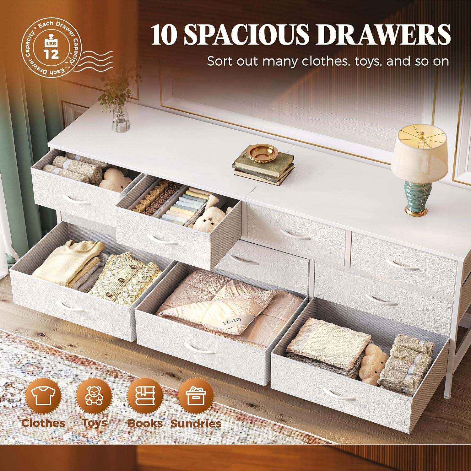 63-Inch White Dresser with 10 Fabric Drawers, Versatile TV Stand for 55 to 70 Inch TVs, Ideal Toy Storage Organizer for Bedroom or Closet