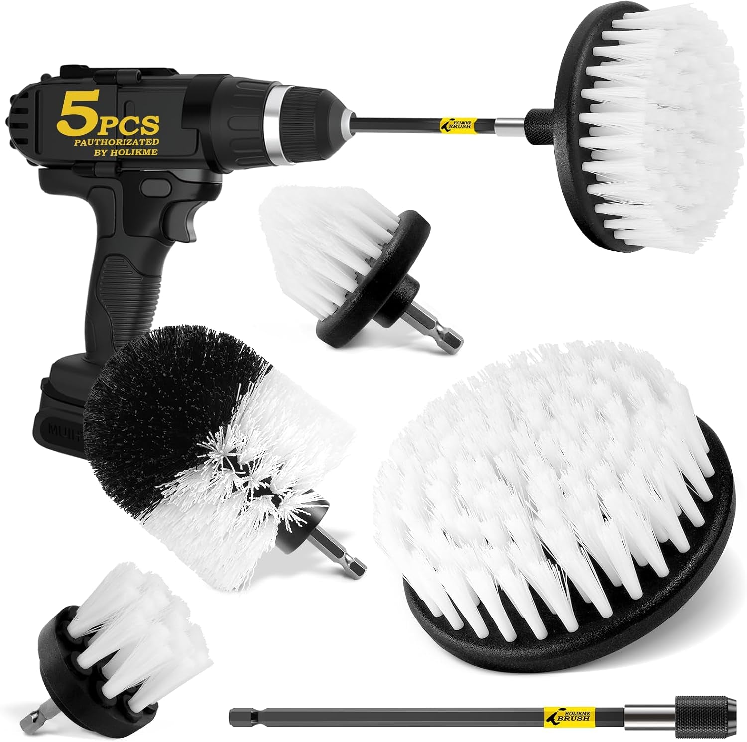 5Pack Drill Brush Attachment Set-Car Interior Detailing Kit,Power Scrubber Brush Extended Long Attachment for Bathroom, Car,Shower,Carpet,Boat,Kitchen,Floor and Tile,White