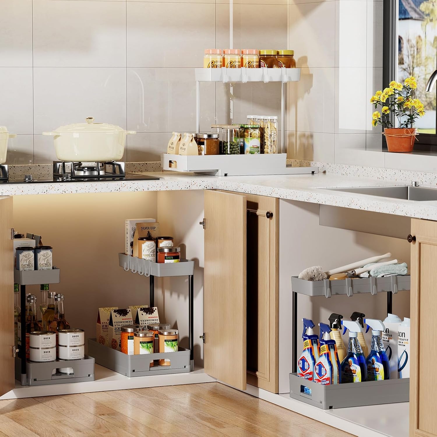 2 Pack under Sink Organizers and Storage, L-Shape Grey under Bathroom Kitchen Sink Organizer with Drawer for under Sink Storage Organizer