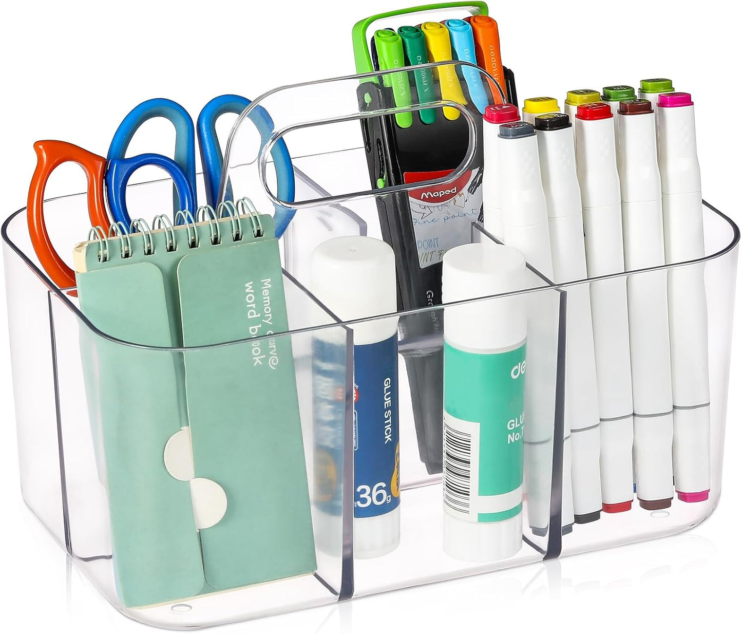 Multiuse Caddy Organizer with Handle - Stackable Plastic Tote Bin - Art Craft Supplies, Office, Desk, Stationery Pen Holder, Kitchen, Utensil, Makeup, Bathroom, Shower, Cleaning, Dorm Organizer -Clear