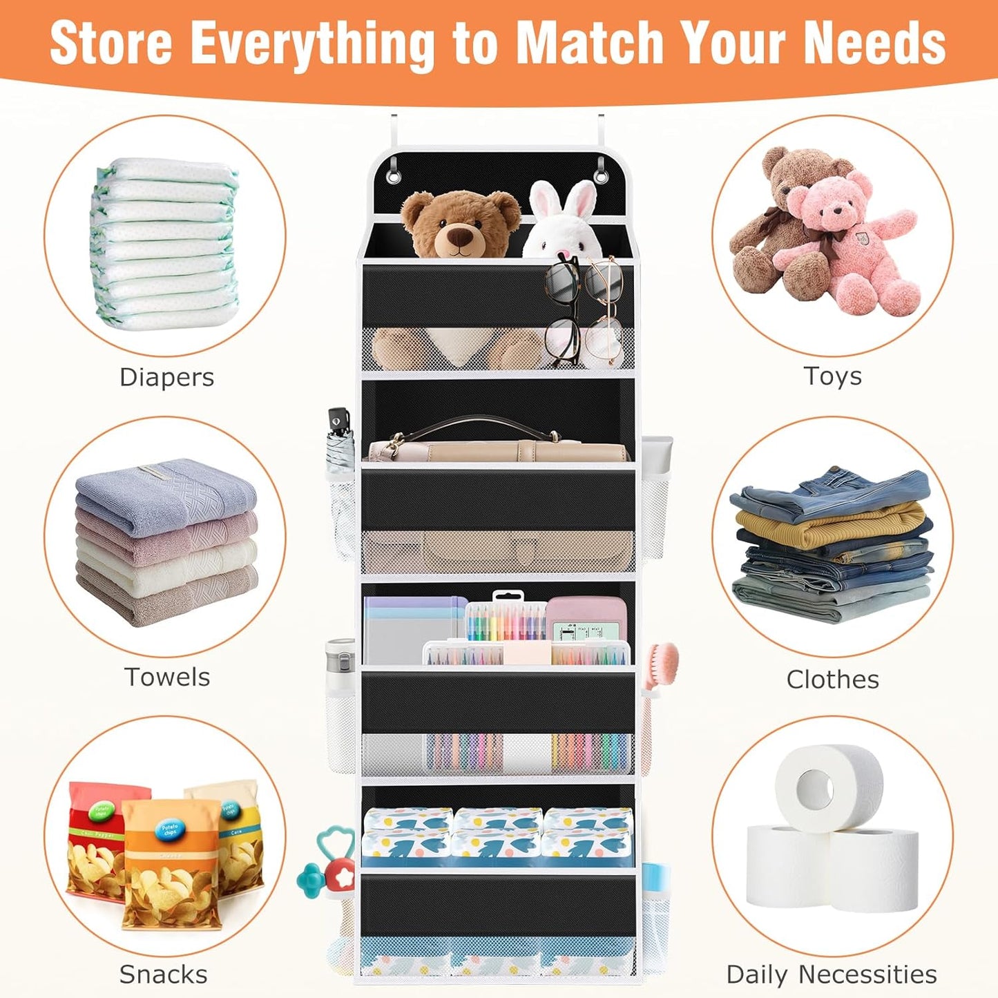 over the Door Organizer Storage 4 Shelves Large Capacity Hanging Bedroom Storage Solution with 6 Side Pockets for Dorm Bathroom Pantry Nursery and Baby Essentials Holds up to 40 Lbs (Black)