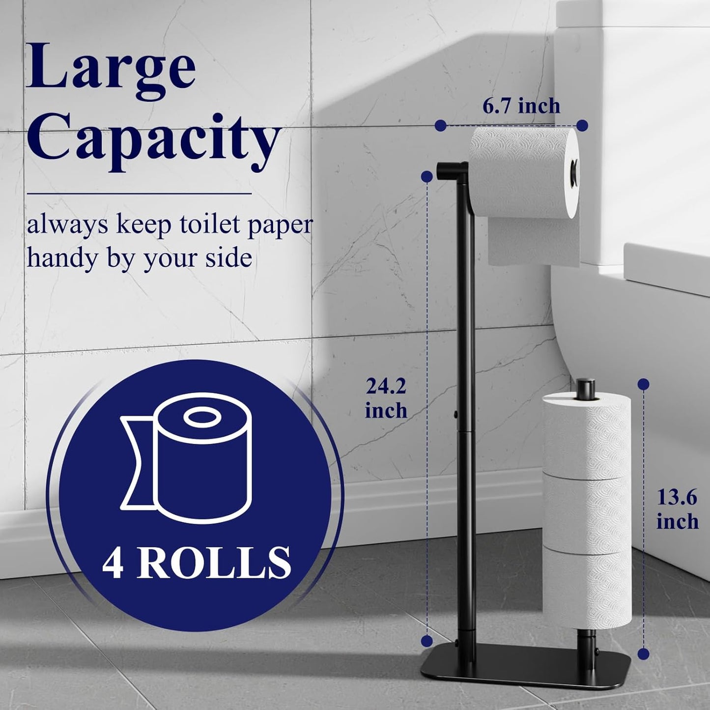 Toilet Paper Holder Free Standing - Large Capacity Toilet Paper Holder for 4 Rolls, Rustproof Toilet Paper Stand with Non-Slip Stable Base, Black, 24.4"X9.3"X5.5"