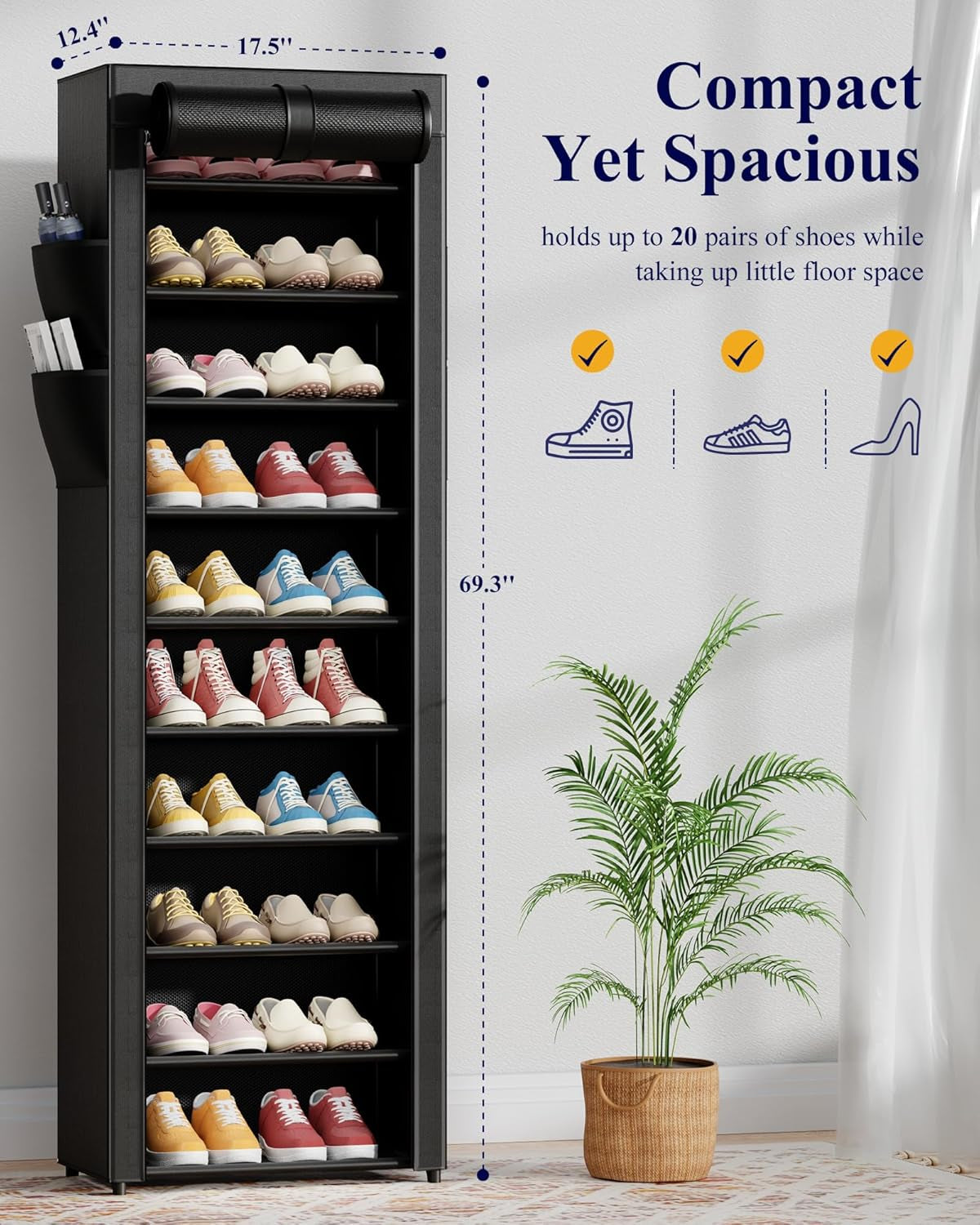 Shoe Rack - 10-Tier Large Capacity Shoe Organizer Shelf with Dust Cover & Side Pockets, Rust-Proof Metal Shoe Rack for Closet, Entrance, Living Room, 17.5" X 12.4" X 69.3", Black
