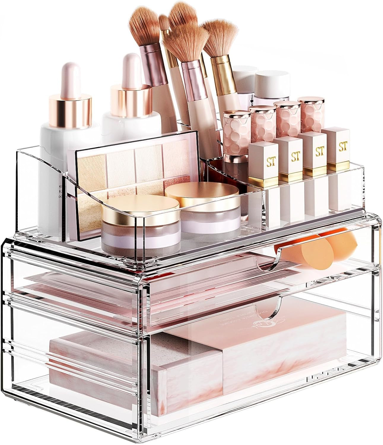 3-Tier Clear Makeup Organizer with Drawer, Acrylic Cosmetic Display Case for Makeup Vanity Bathroom Counter Organizers and Storage, Stackable Vanity Organizer for Brushes Lipsticks Skincare