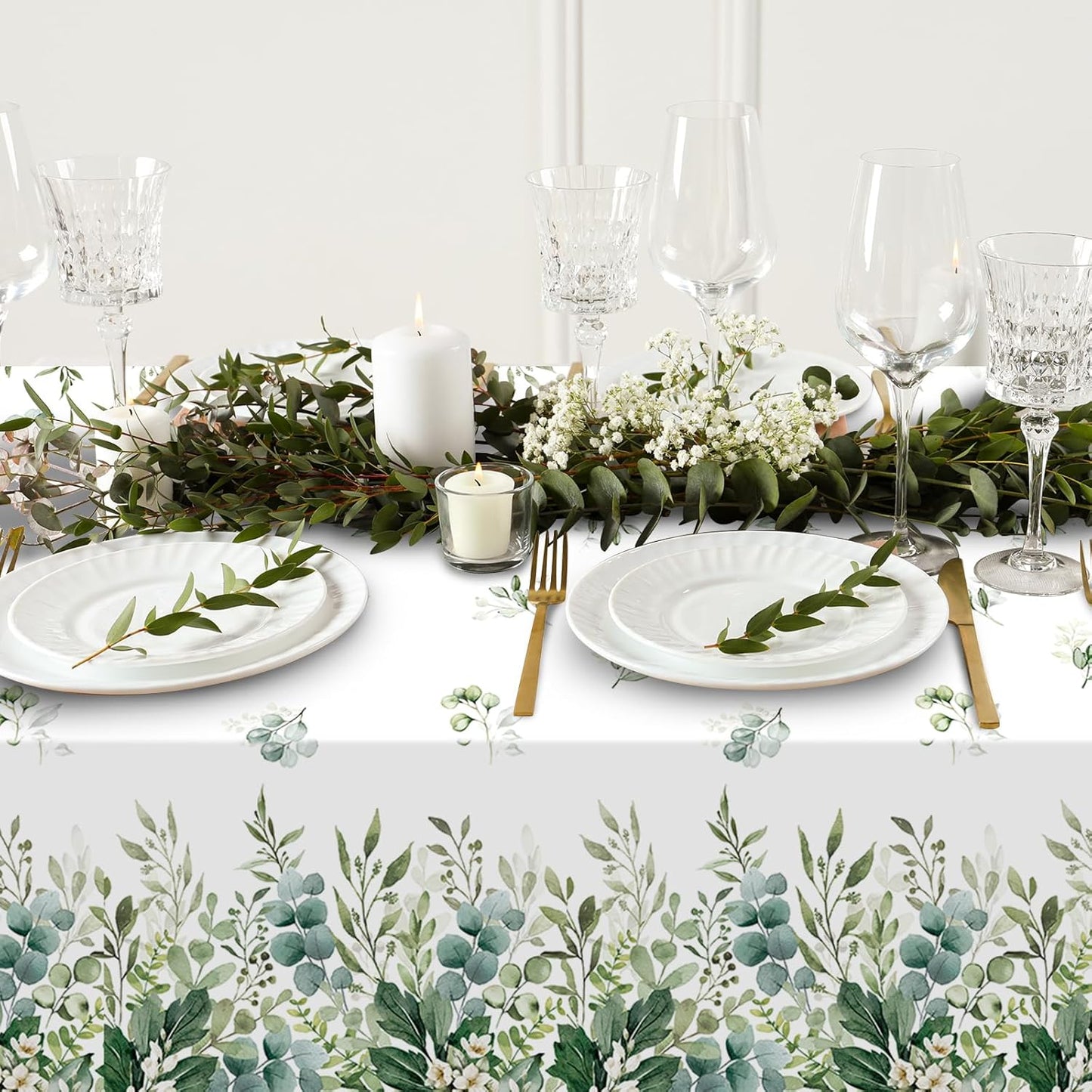 3 Pack Spring Sage Green Baby Shower Plastic Tablecloth, Eucalyptus Leaf Disposable Table Cover, Summer Rectangle Table Cloth for Bridal Baby Shower Birthday Wedding Party Decorations, 54X108 Inch