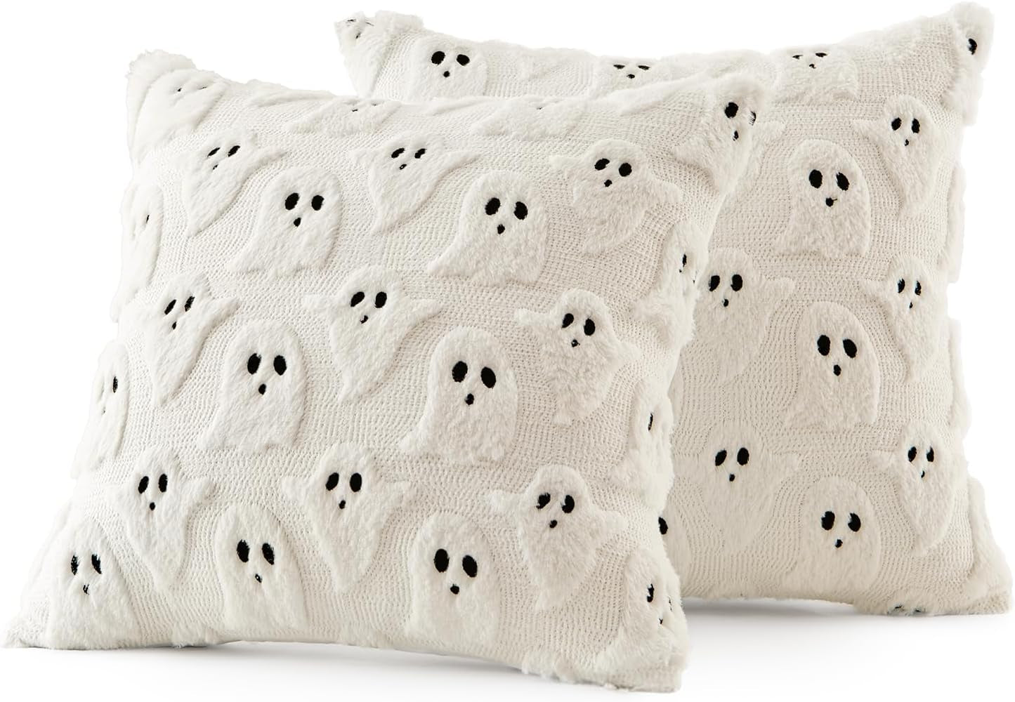 Halloween Decorative Pillow Covers - Set of 2 Soft Plush Faux Fur Ghost Design Cushions for Couch, Sofa, Bed, and Porch - 18x18 Inch Cream White