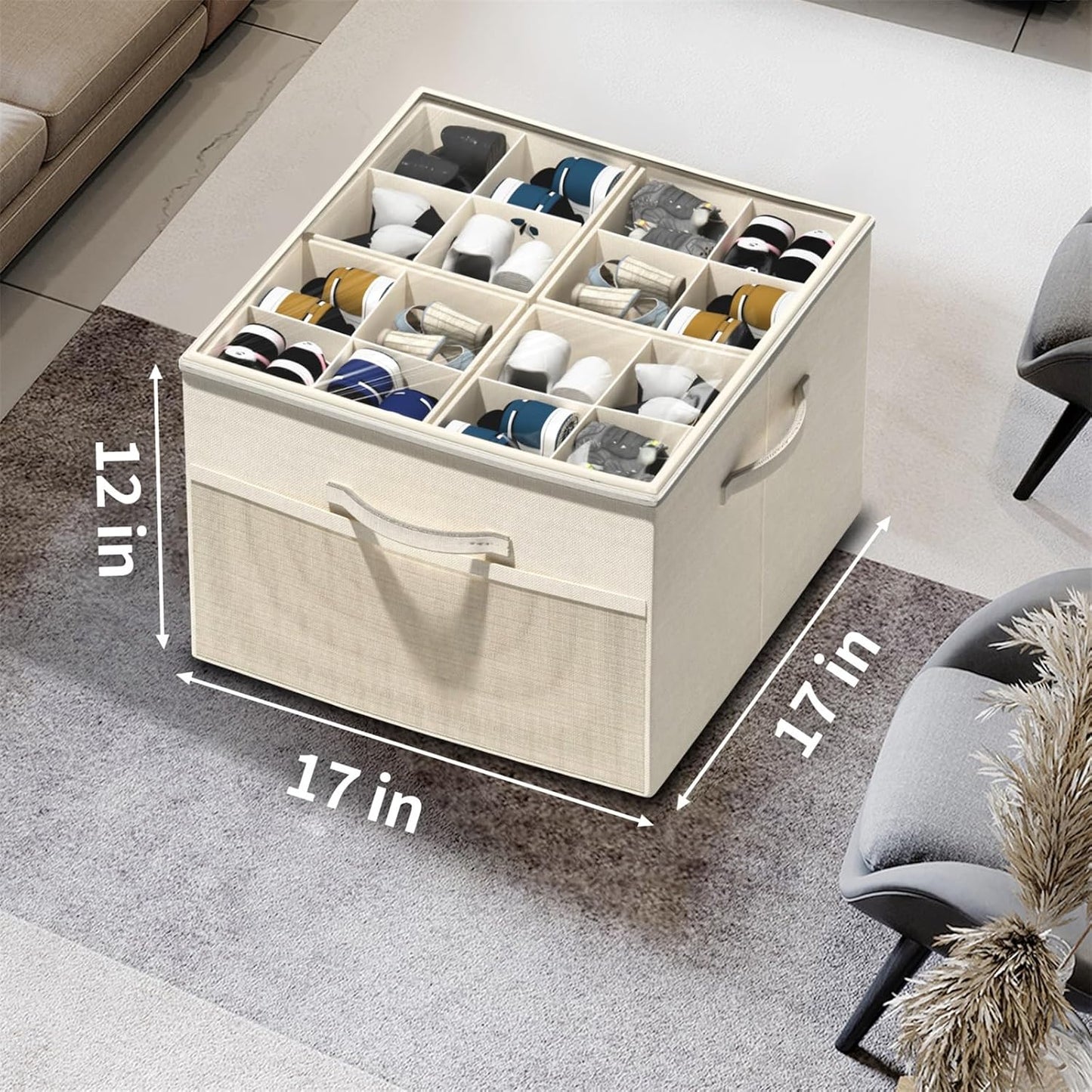 Shoe Organizer for Closet, 2 Pack Foldable Shoe Storage Organizer Box Bin with Adjustable Dividers and Clear Cover, Fits up to 16-32 Pairs (Beige)