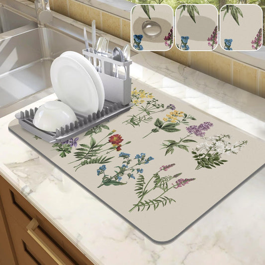Dish Drying Mat for Kitchen Counter - 12" x 20" Absorbent Coffee Bar Mat with Vintage Sage Floral Design, Ideal Dish Drainer Rack Mat