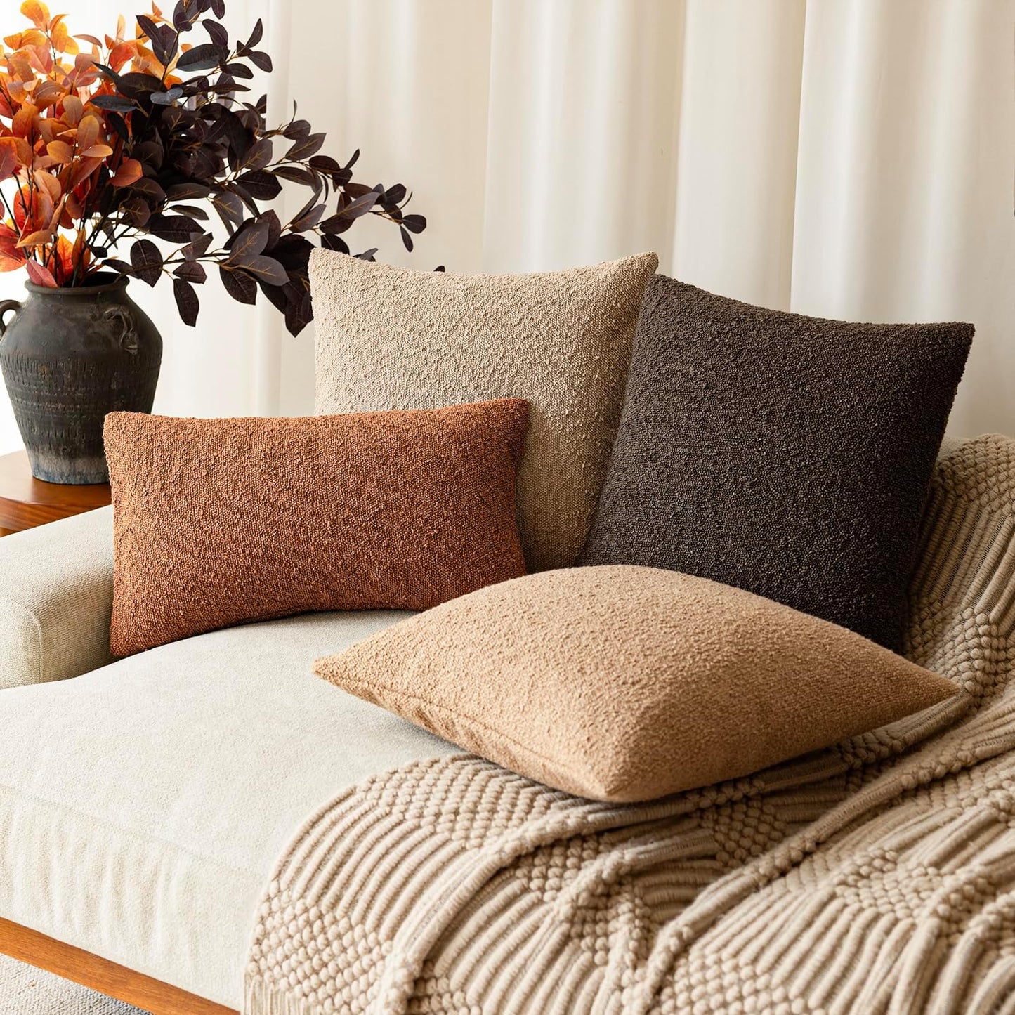 Pack of 2 Textured Boucle Throw Pillow Covers Accent Solid Decorative Lumbar Pillow Cases Soft Couch Cushion Case for Chair Sofa Bedroom Living Room Home Decor 12X20 Inch Burnt Orange Hazel