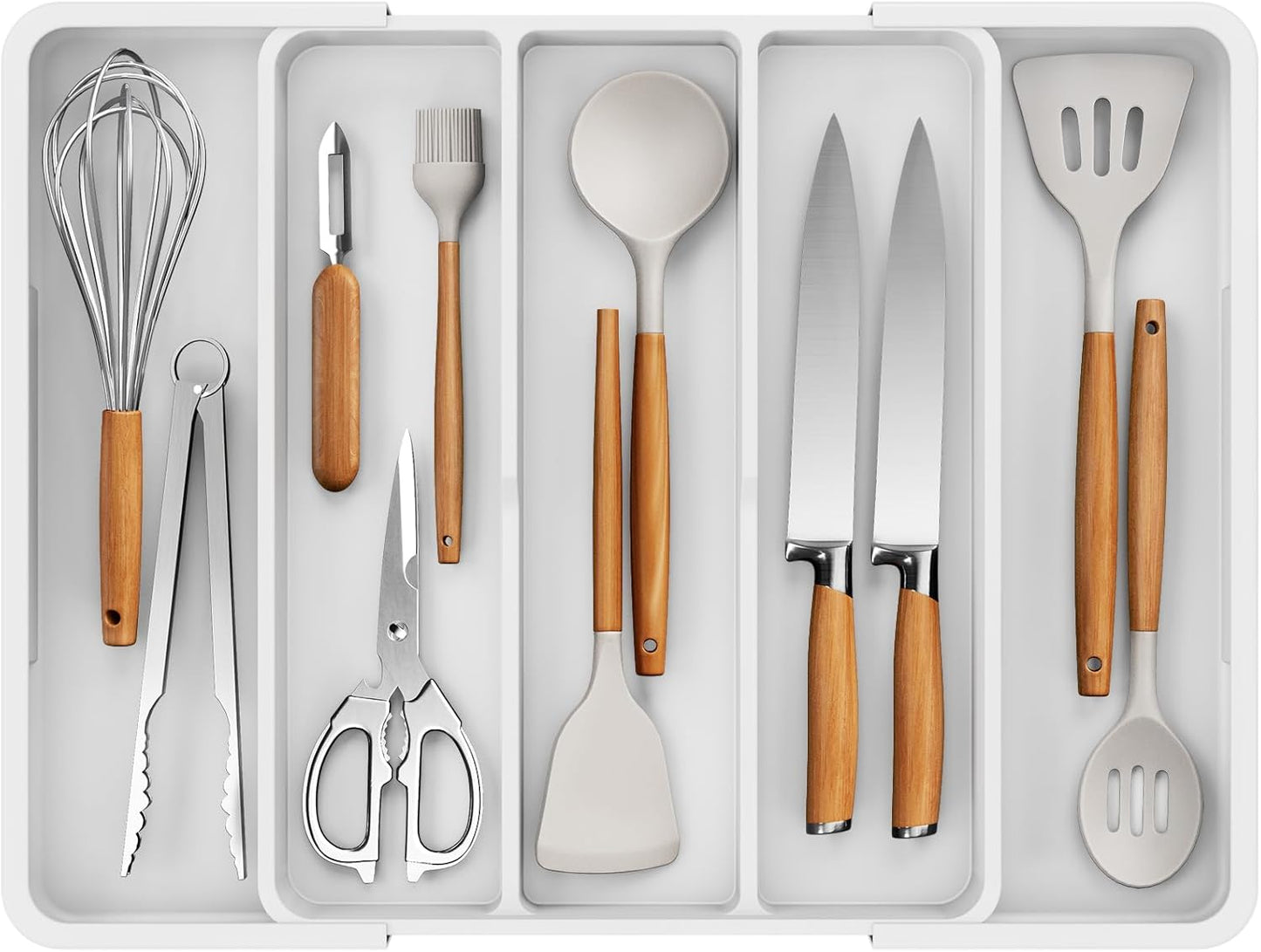 Expandable Silverware Organizer – Large Utensil Drawer Kitchen Organization with 5 Compartments, Easy-Clean, Home & Apartment Essentials, White, 13.6" X 1.4"X 11.0"~19.9"