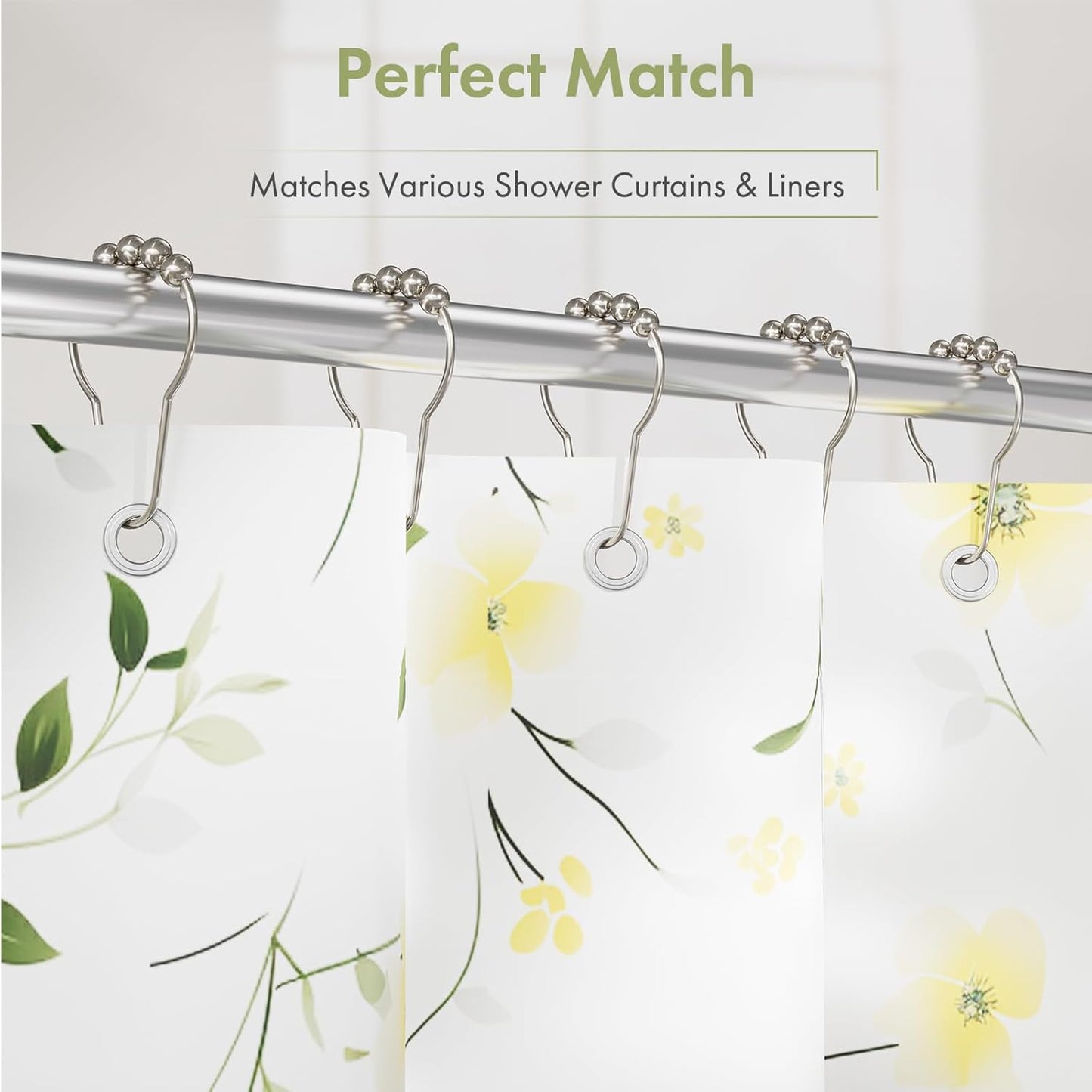 Shower Curtain Hooks, Decorative Rust Proof Stainless Steel Shower Curtain Hooks for Bathroom Shower Rods Set of 12, Polished Nickel