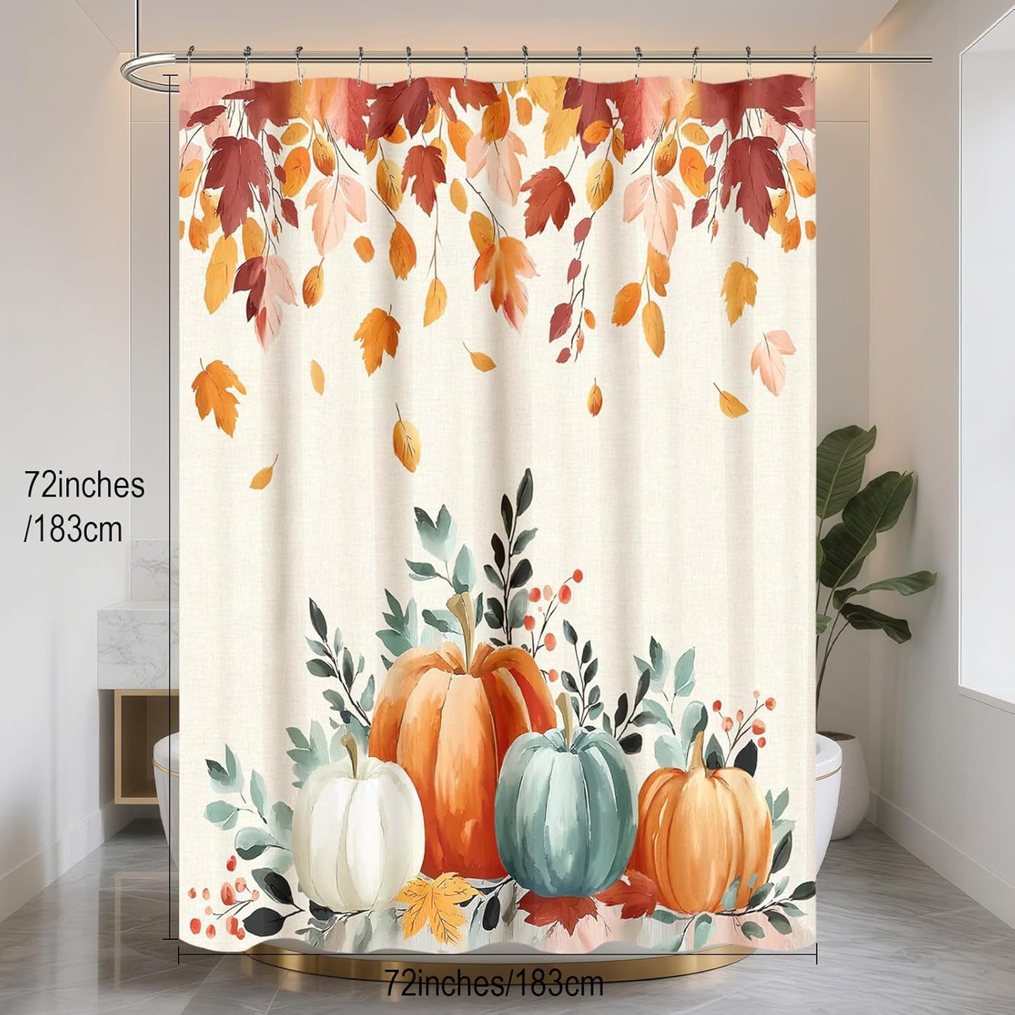Autumn Pumpkin Fall Shower Curtain for Halloween Thanksgiving Harvest, Maple Leaf Floral Shower Curtain for Bathroom Decor, Polyester Waterproof Fabric, 72Wx72L Inch