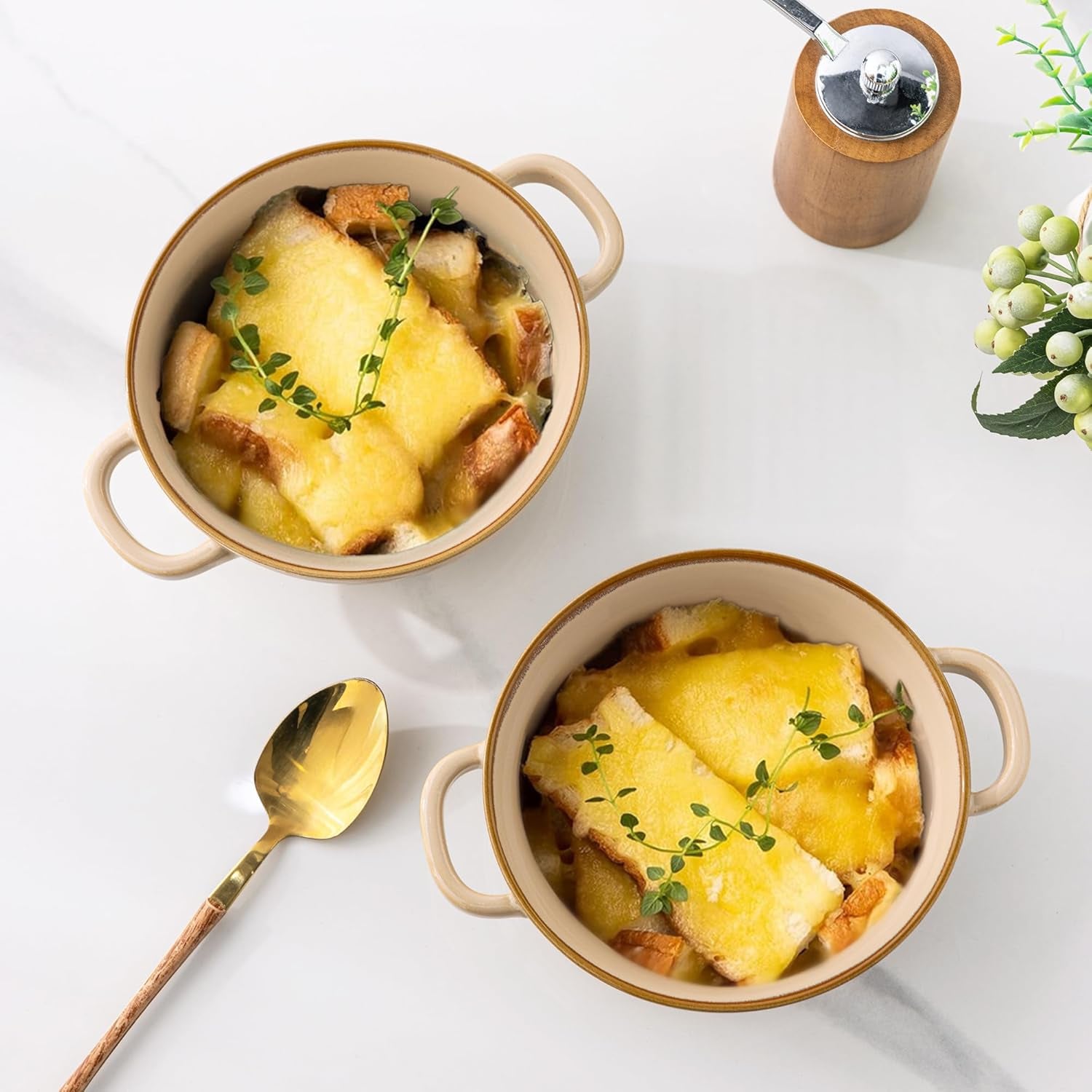 Ceramic Soup Bowls with Double Handles, 24 oz Set of 4 - Ideal for Soup, Cereal, Stew, Salad, Noodles, Ramen - Microwave and Dishwasher Safe