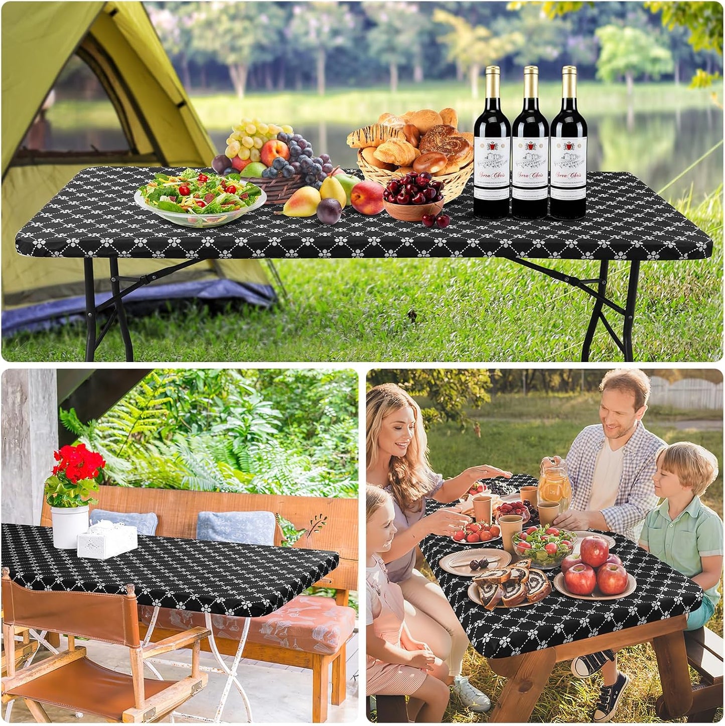 Rectangle Vinyl Table Cloth, Elastic Fitted Tablecloth with Flannel Backing, 6 Foot Waterproof Plastic Table Cover for Camping, Indoor and Outdoor (Black, 30" X 72")