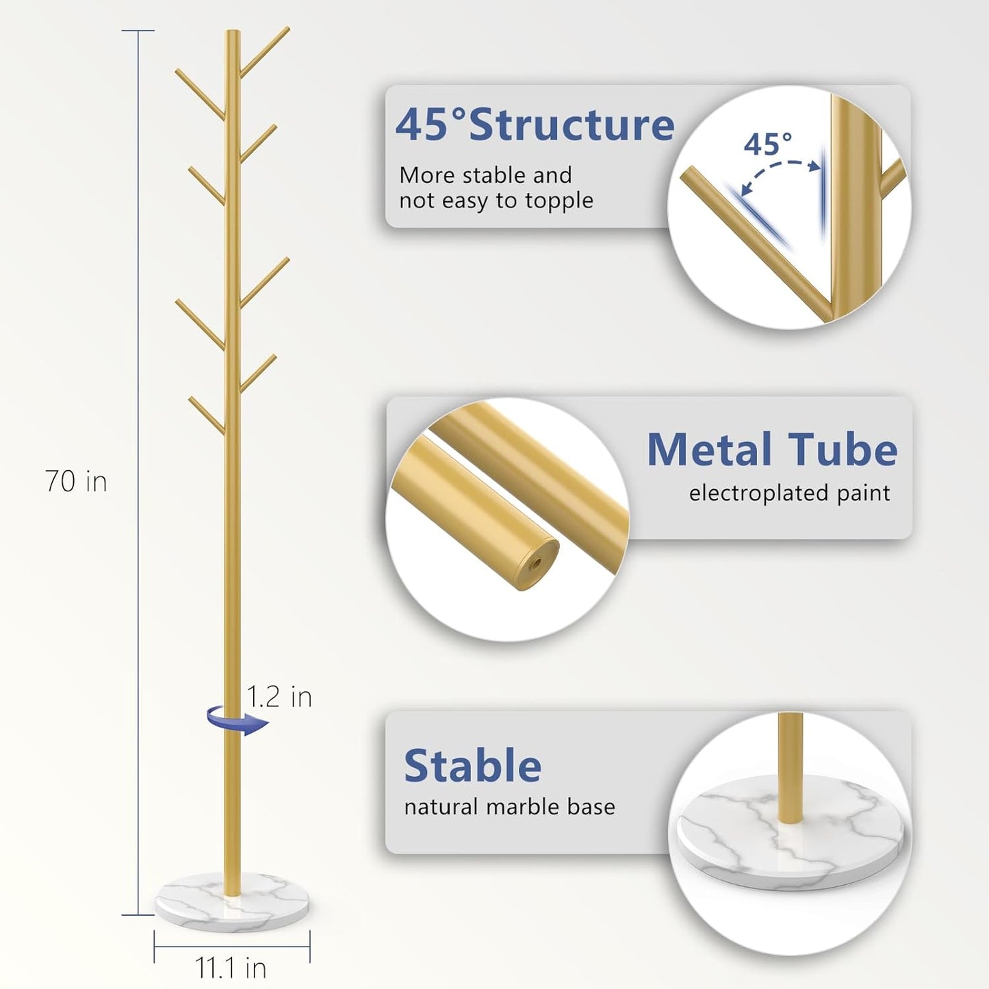 Heavy Duty Coat Rack with Natural Marble Base, Freestanding Metal Coat Stand with 8 Hooks, Modern Stable Coat Hanger Tree for Bags, Jacket, Clothes, and Hats, Gold Metal