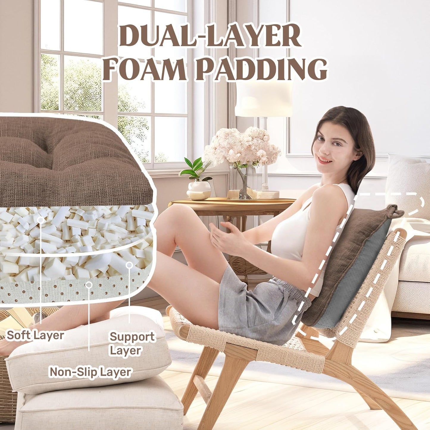® Chair Cushions for Dining Chairs, Tufted Memory Foam Chair Pads with Non-Slip Backing, Kitchen Seat Cushions with Ties, Washable Seat Pad Set of 4, 15.5" X 15.5" X 4", Coffee