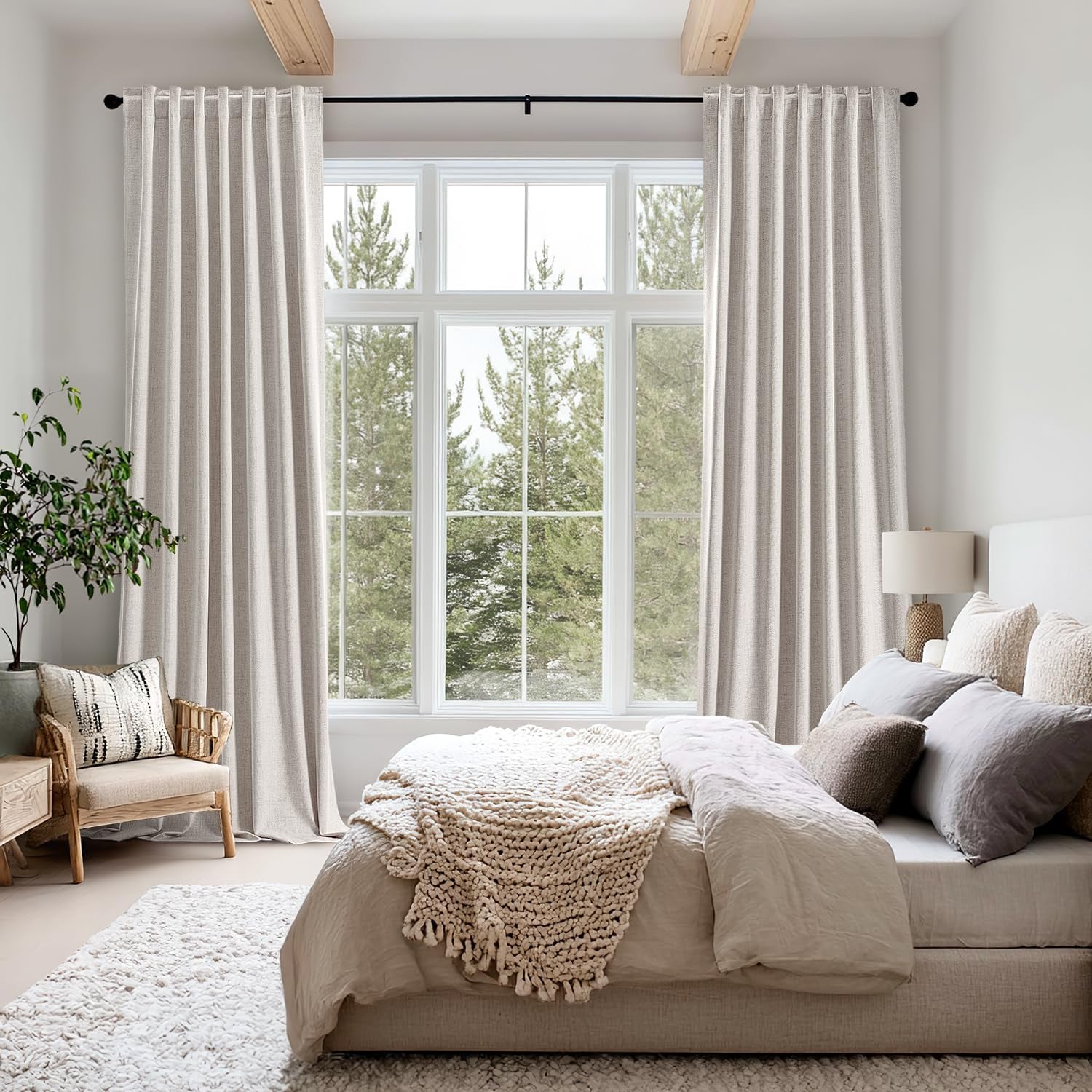 Luxury Ivory Blackout Linen Curtains for Bedroom and Living Room, Thermal Insulation Room Darkening Drapes, 42 x 84 Inches, Set of 2 Panels with Back Tab Rod Pocket Design