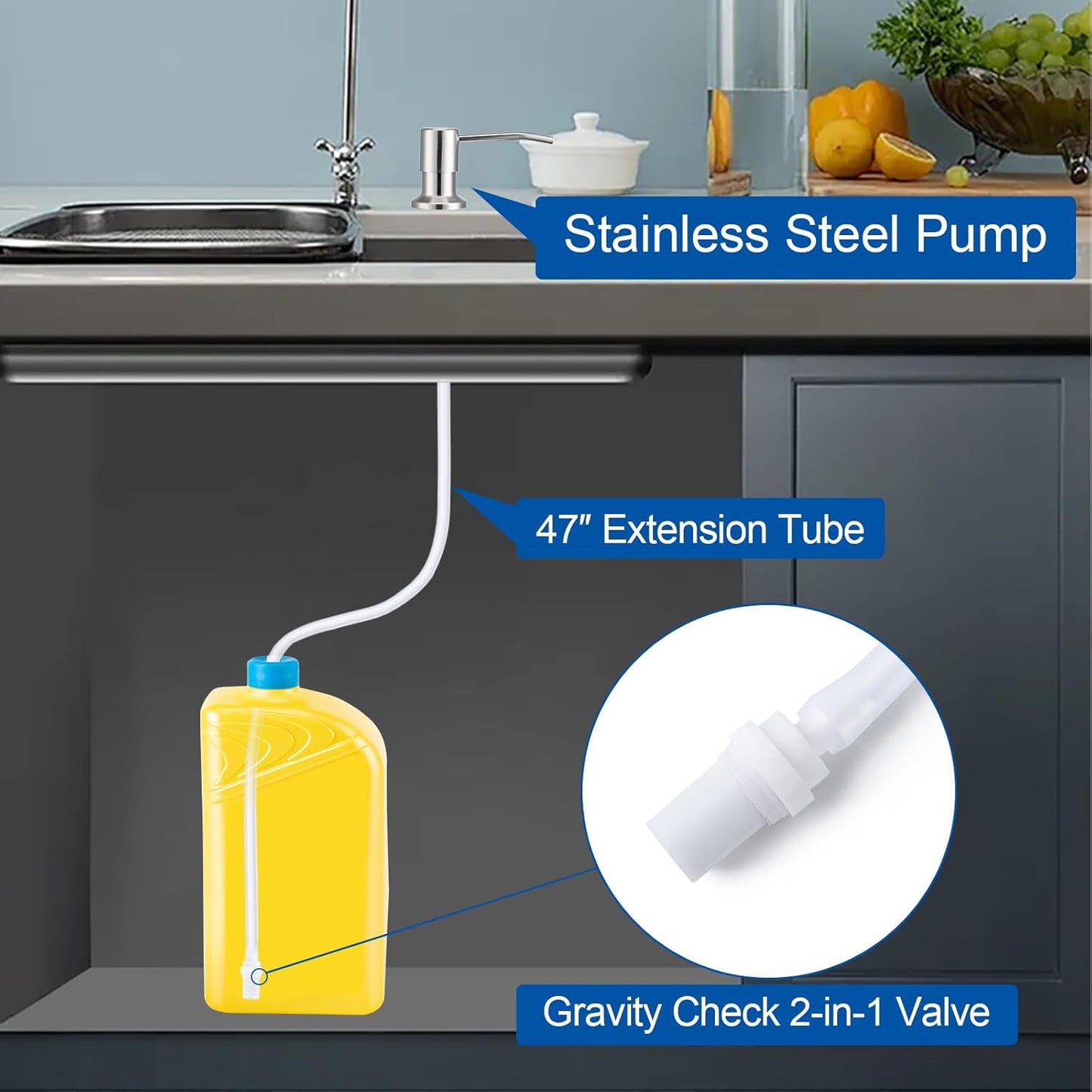 Soap Dispenser for Kitchen Sink, Built in Sink Soap Dispenser (Brushed Nickel), Countertop Dish Soap Dispenser Stainless Steel Pump with 47" Extension Tube Kit, No Need to Frequent Refills