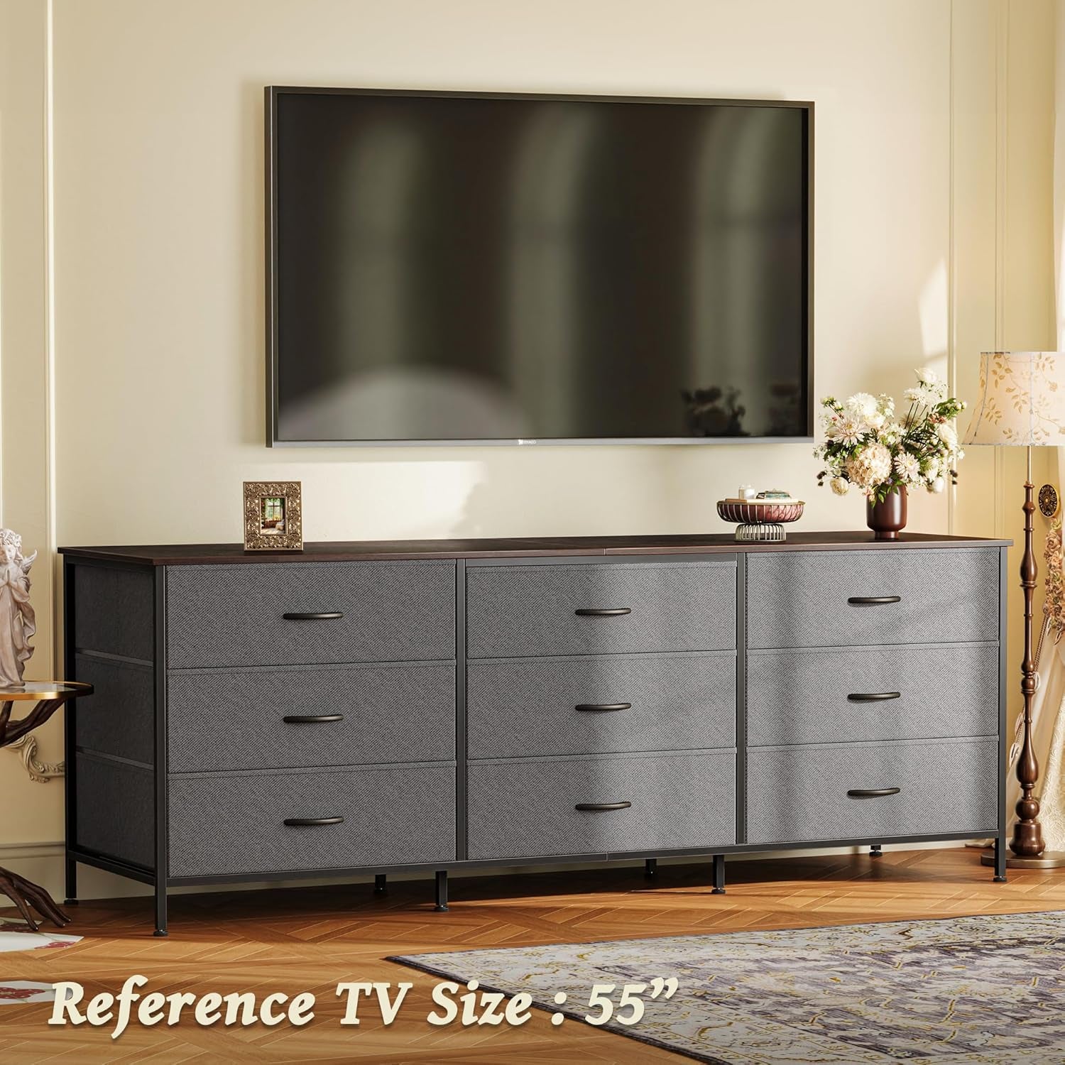 63-Inch Bedroom Dresser with 9 Drawers, Versatile Entertainment Center for 55-70 Inch TVs, Walnut and Dark Grey Finish