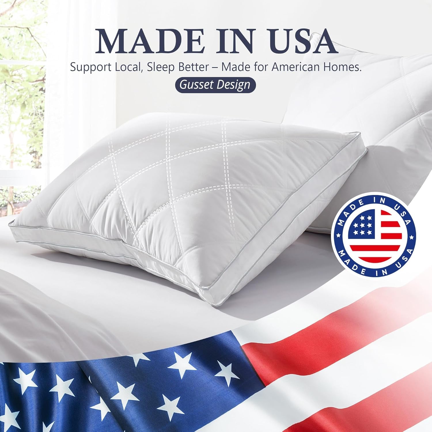 ® Goose Feathers and down Pillows - Made in USA, Pillows Queen Size Set of 2, Hotel Pillow with 100% Cotton Cover, Luxury Gusseted Bed Pillows for Sleeping